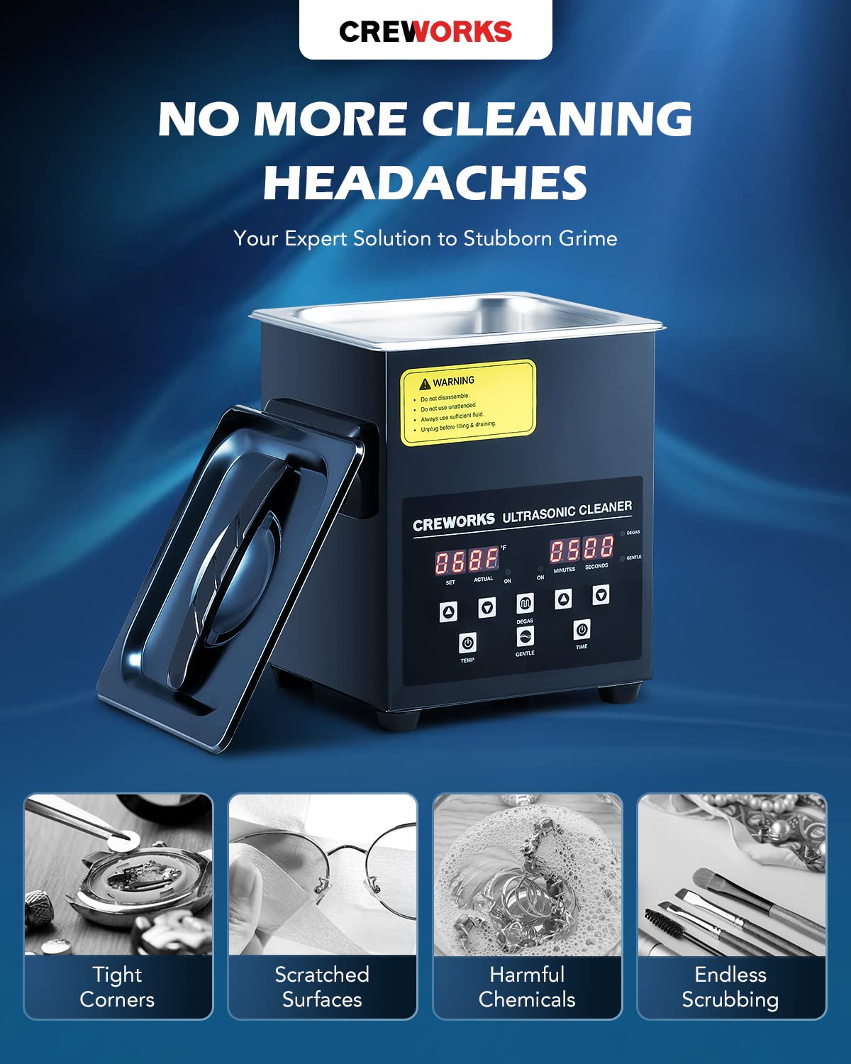Detalle 2 de CREWORKS SX-DUCBK02US 2L Digital Ultrasonic Cleaner, 60W, Degas & Gentle Mode