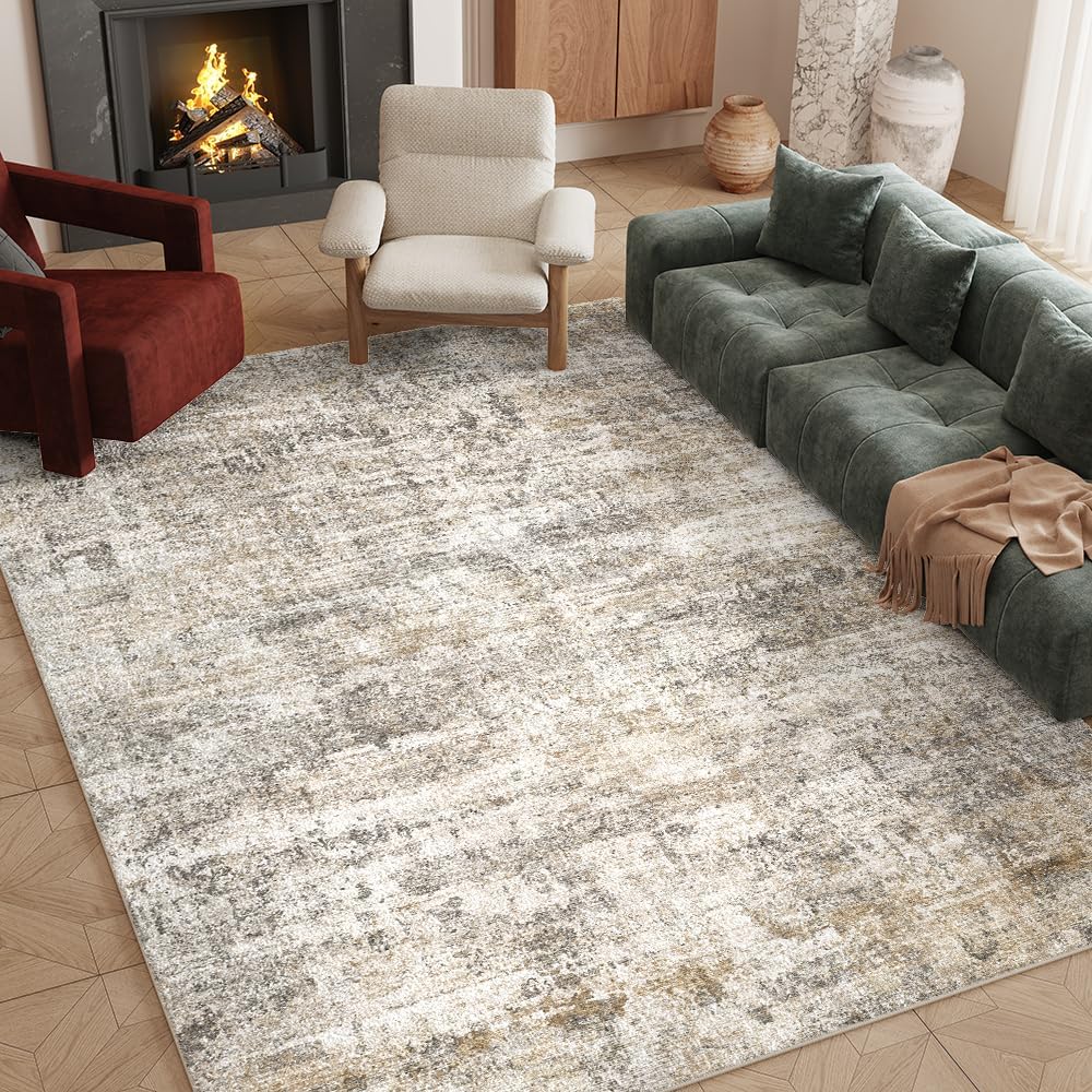 Detalle de Area Rug 8x10 Washable Rug in Grey and Beige — Non-Slip, Low-Pile Vintage Print for Living Room, Dining, and Bedroom