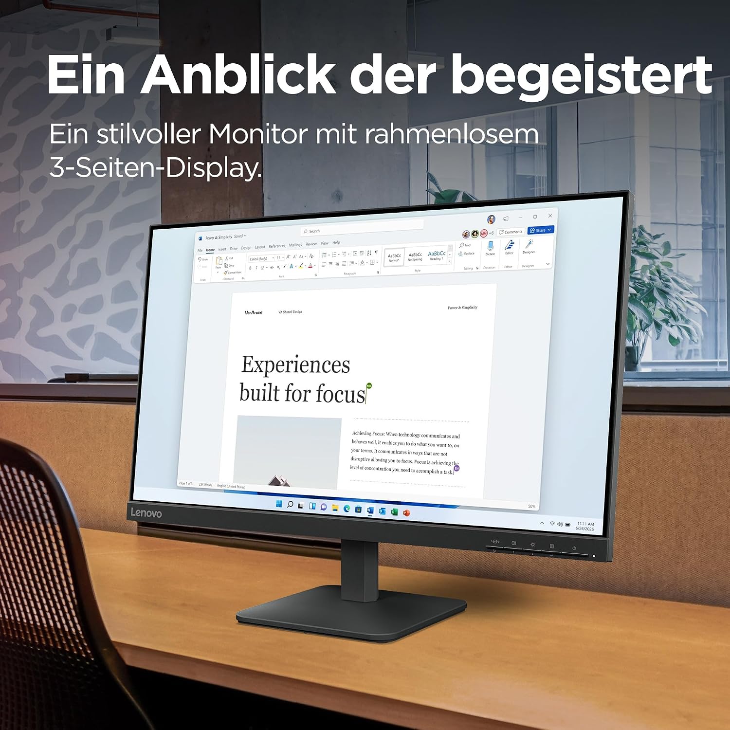Detalle de Lenovo L24-4e: 23,8" Full HD IPS-Monitor mit flexibler Anschlussvielfalt