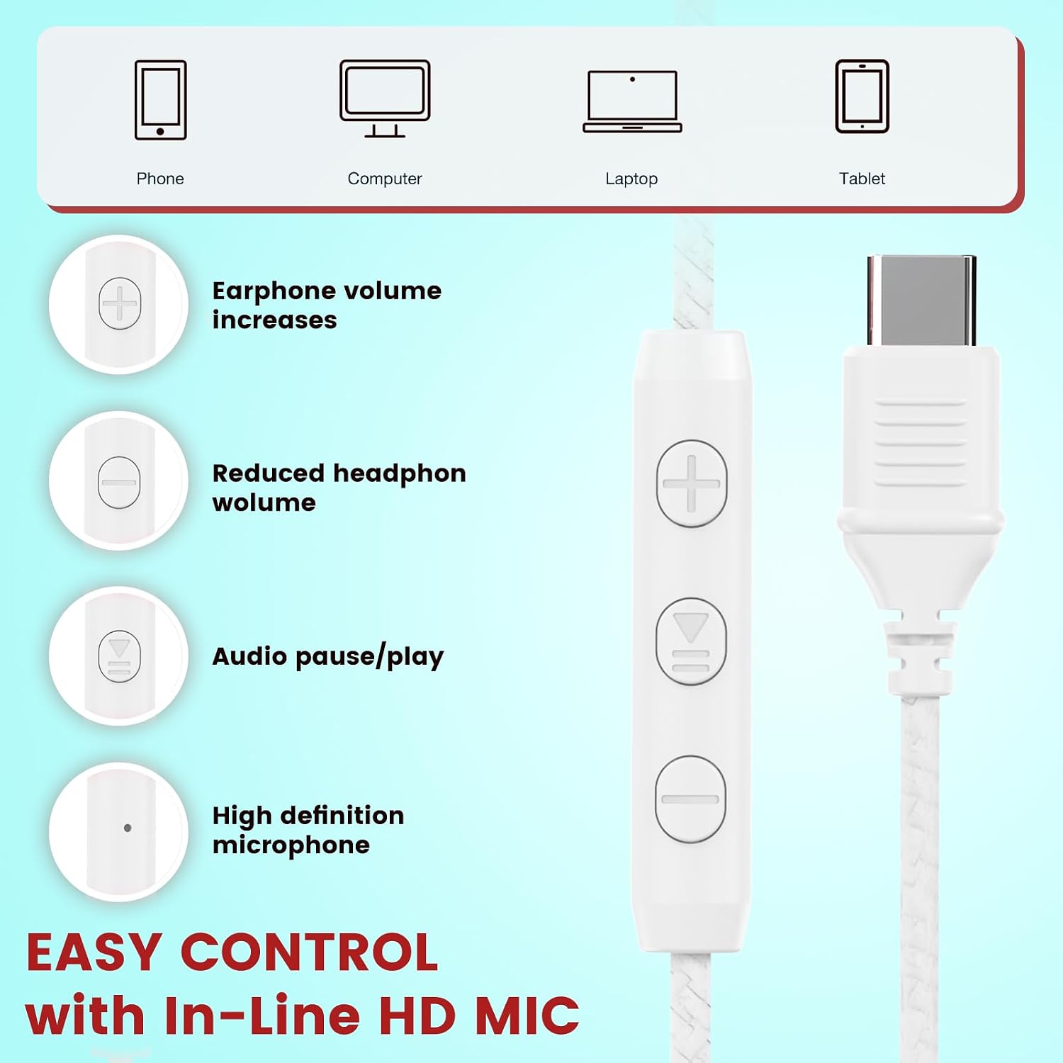 Detalle de Cowyawn USB-C-Kopfhörer Kabelgebunden Wired Headphones, Foldable with Mic