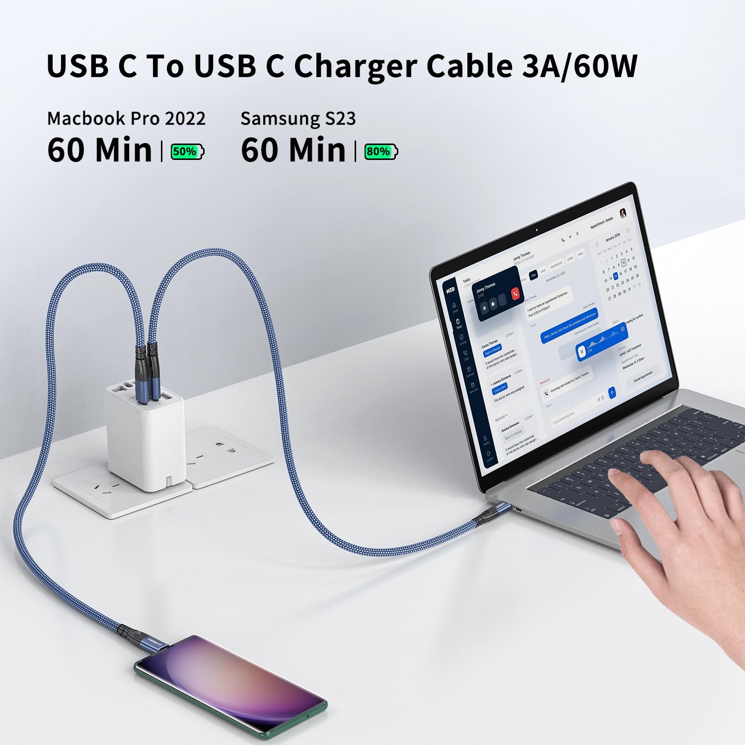 Detalle de XGMATT USB-C auf USB-C Kabel 5 m, 60 W PD – langlebig, flexibel und kompatibel mit iPhone 15, MacBook, Galaxy S22/S21, Pad Pro 2020