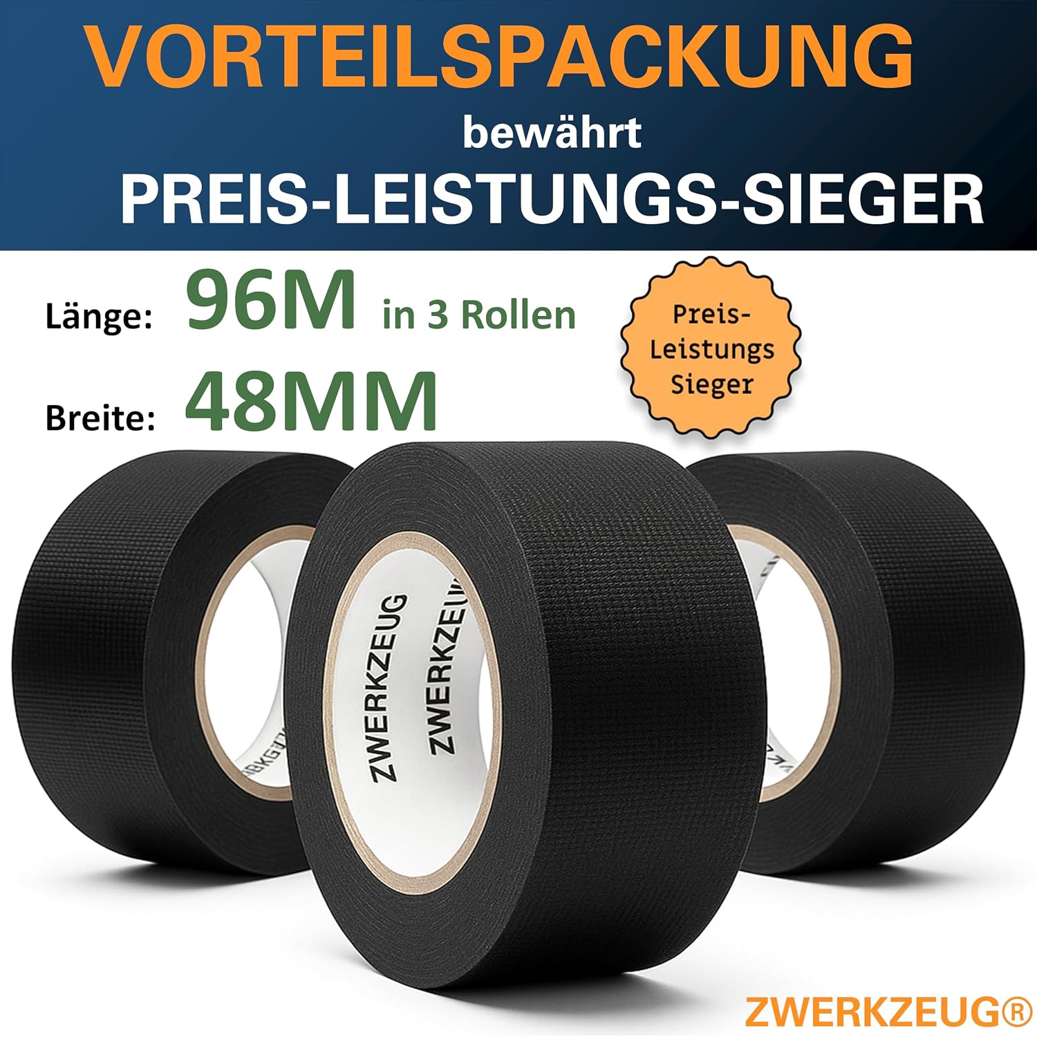 Detalle 2 de ZWERKZEUG Panzertape – Reparatur-Klebeband, 3 Rollen (extra stark, wasserfest), 48 mm x 96 m, in 2 Farben