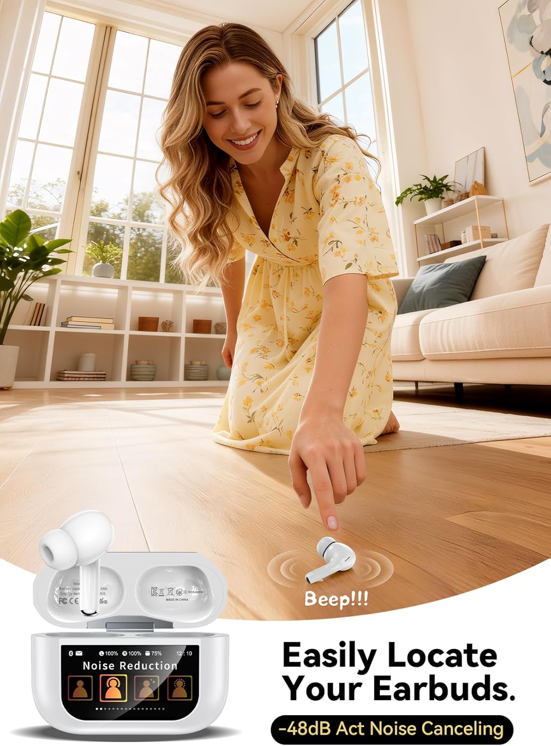 Thumbnail 3 de ZZU Wireless Earbuds (Bluetooth 5.4) with Smart Touch Screen Charging Case, ENC Noise Cancelling, 48H Playtime – White