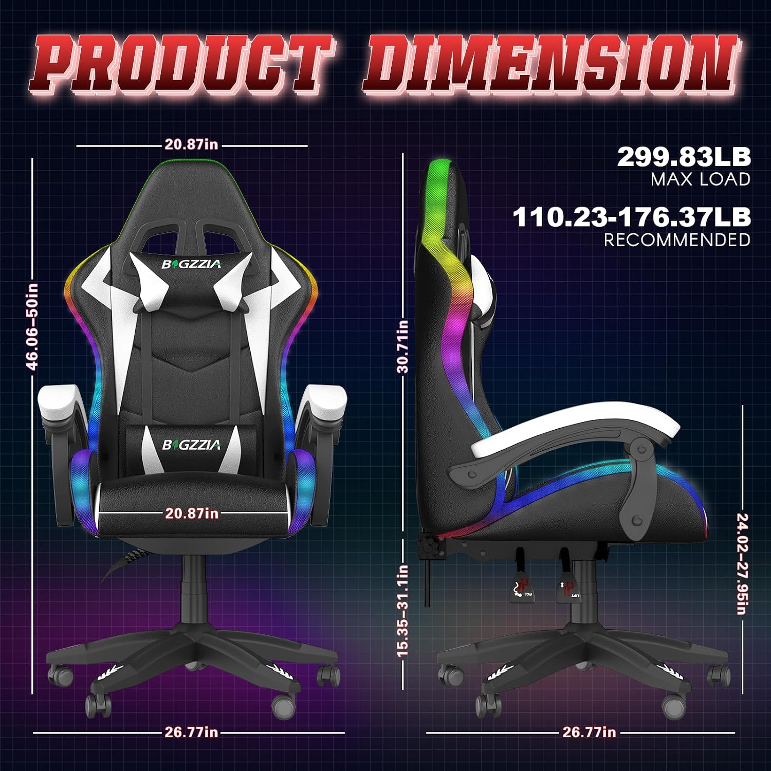 Detalle de Racingreat LED Gaming Stuhl mit RGB-Lichtleiste, Kopfstütze & Lendenwirbelstütze (90°–135°) – weiß
