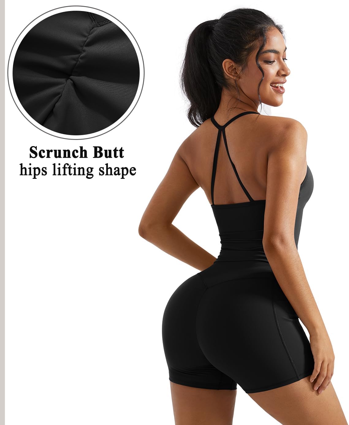 Detalle de OMKAGI 2 Piece Workout Set for Women: Padded Sports Bra Tank + Scrunch Shorts with Pockets