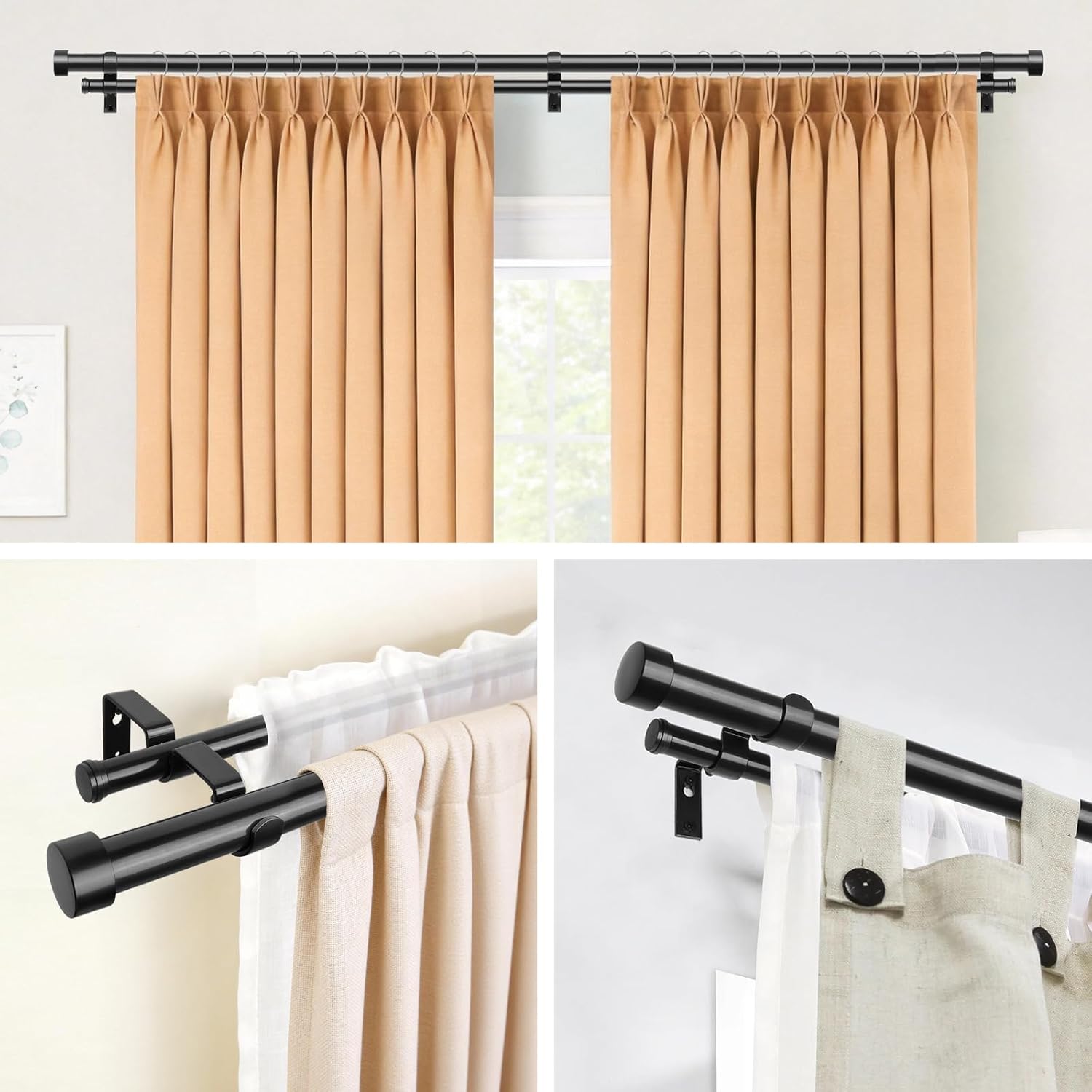 Detalle de KAMANINA Schwarz Gardinenstange 2 Läufig | Verstellbar 167–304 cm, 25 mm Ø, max. 15 kg