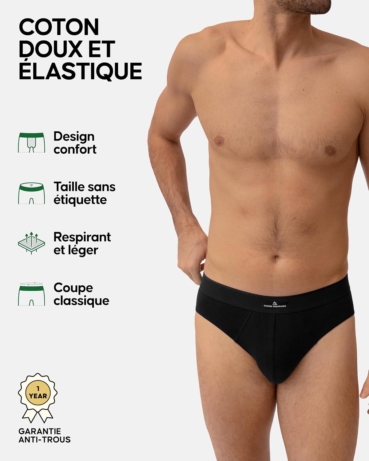 Detalle 2 de DANISH ENDURANCE Slips en coton stretch (lot de 3) pour homme – ultra doux, respirants