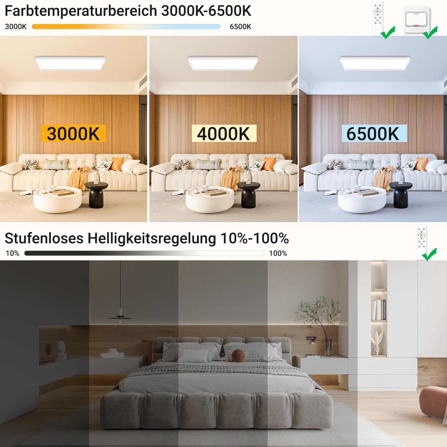 Thumbnail 1 de zemty LED Panel Deckenleuchte 58x20 cm – dimmbar, Fernbedienung, 3000–6500K, 3500 lm, IP44