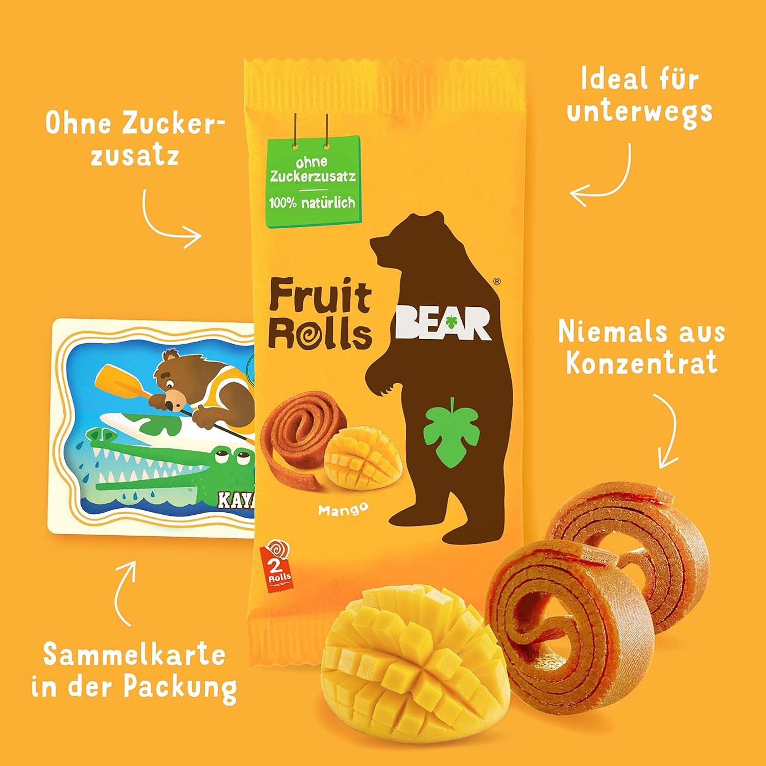 Detalle de BEAR Fruchtrollen Mango – 100% Natürliche Inhaltsstoffe, Zuckerfrei, 18 Beutel à 20 g (360 g)