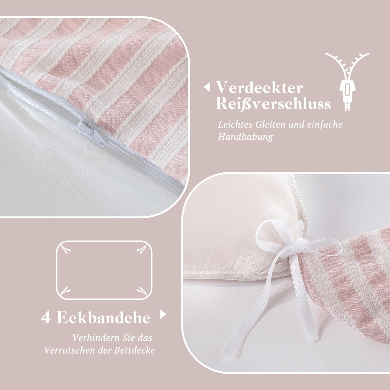 Thumbnail 3 de SOULFUL Bettwäsche 135x200 cm, 4-teilig — Jacquard Gestreift & Stone-Washed Baumwolle, OEKO-TEX, Rosa