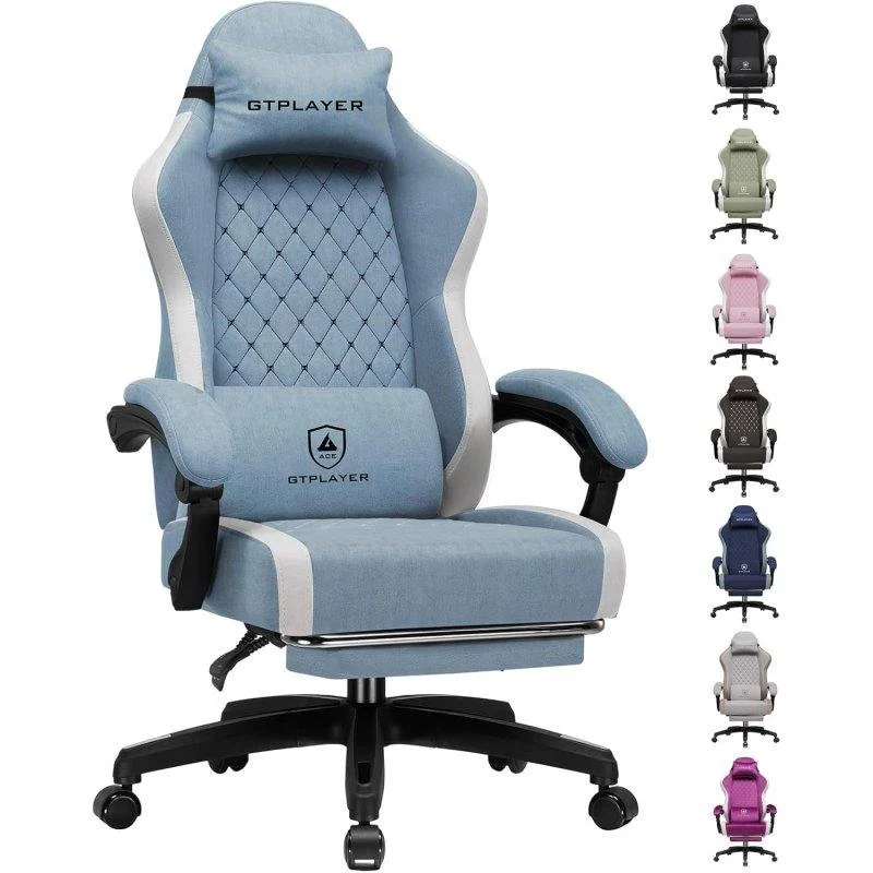 Detalle de Silla Gaming GTPLAYER Ergonómica con Reposapiés – reposacabezas y lumbar ajustables, azul claro