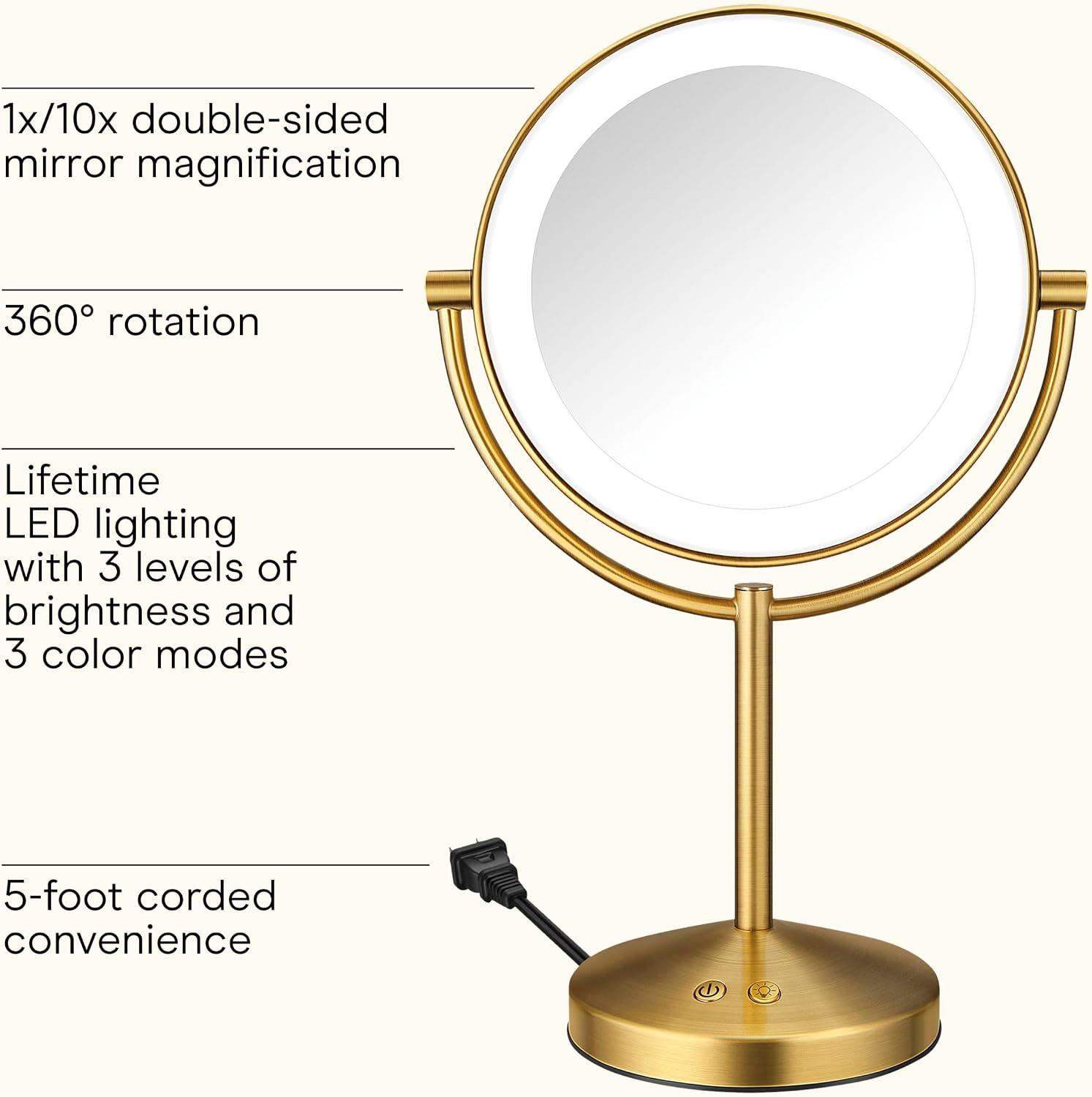 Detalle 2 de Conair Lighted Makeup Mirror with 1X/10X Magnification and Brushed Brass Finish