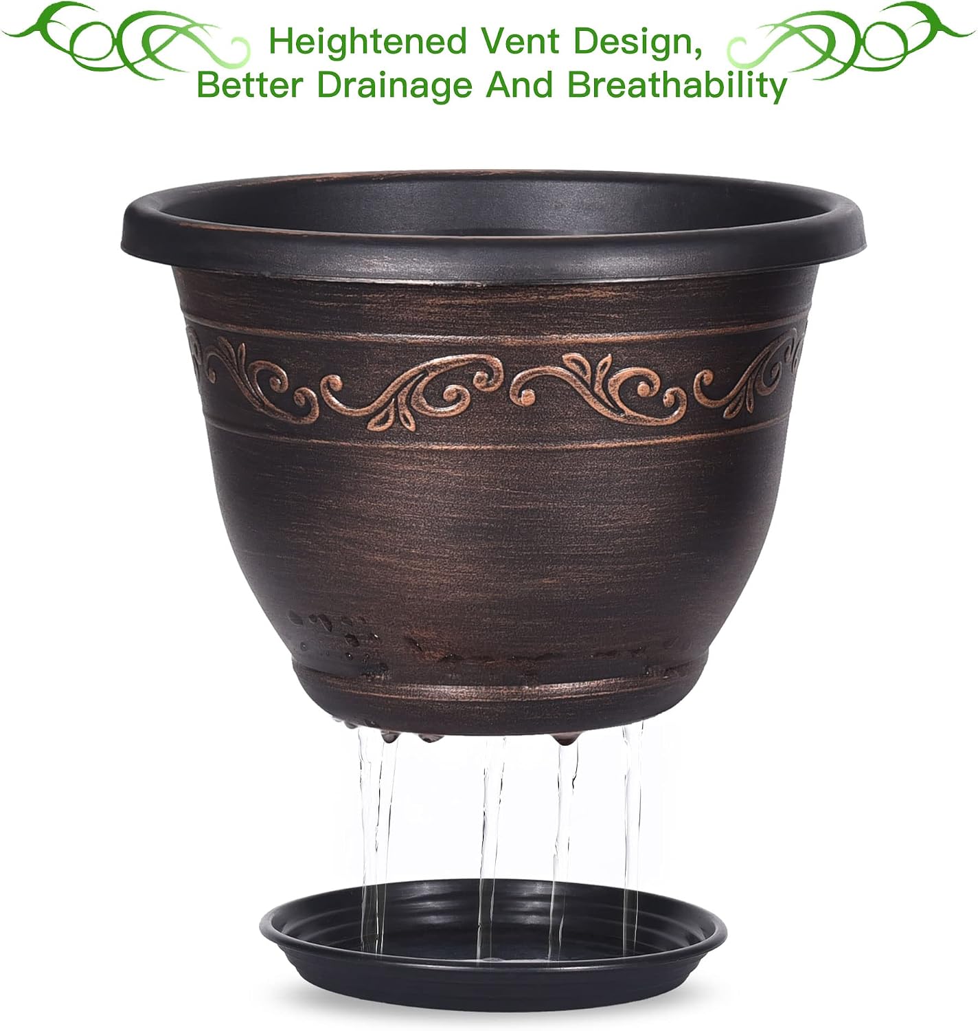 Detalle 2 de Pottiffe 25cm Plastic Plant Flower Planters (3-pack) with Drainage Hole & Saucer
