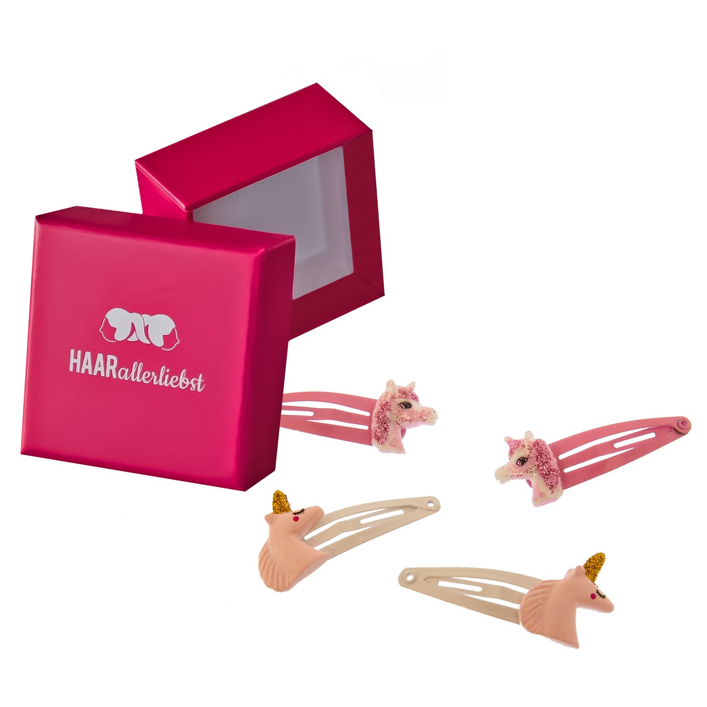 Haarallerliebst Haarspangen Set für Kinder – 4 Stück Einhörner mit Glitzer inkl. Aufbewahrungsbox weiss