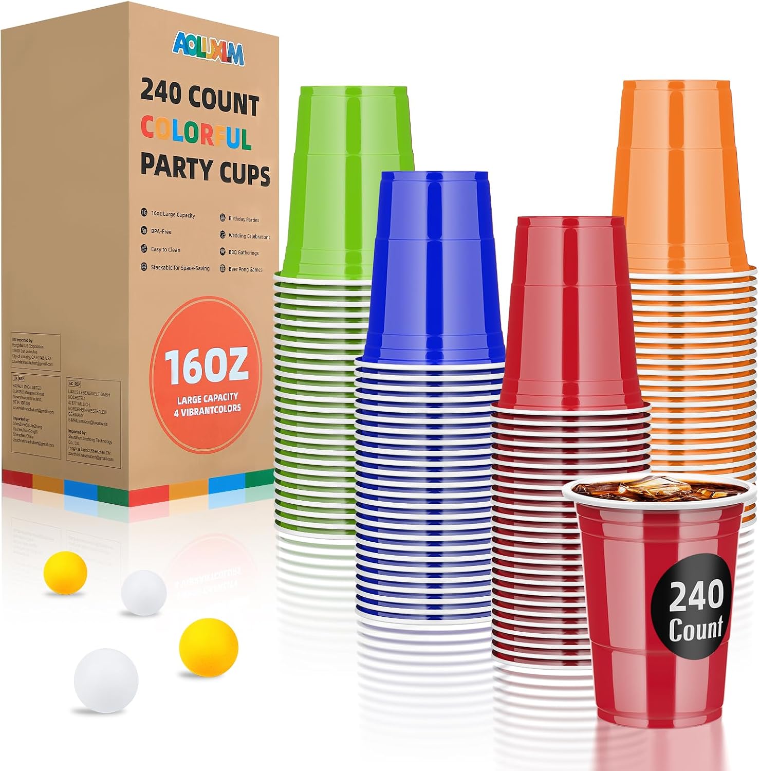 Detalle de AOLUXLM 240 Partybecher Set – 473 ml, spülmaschinenfest, Mehrweg in 4 Farben inkl. 20 Bälle