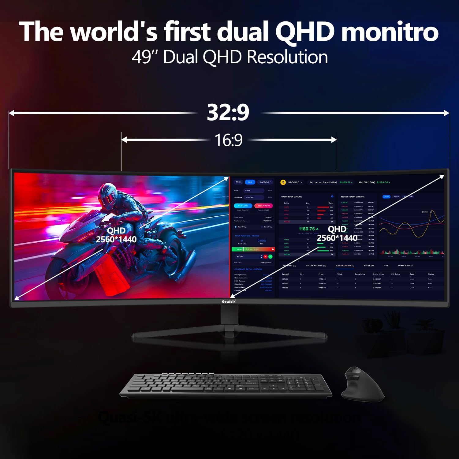 Thumbnail 4 de Gawfolk 49 Inch Dual QHD Curved Gaming Monitor (120Hz, 5120x1440, 1500R, Height Adjustable Stand)