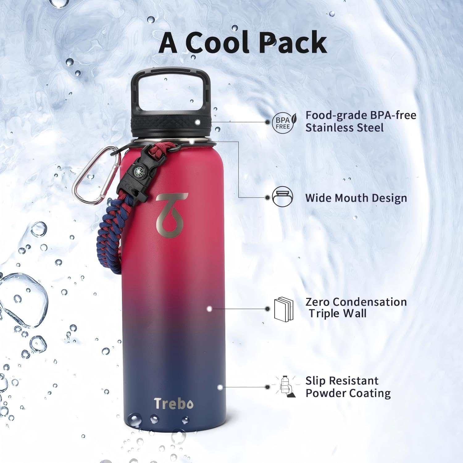 Thumbnail 5 de Trebo 40oz Vacuum Water Bottle with 3 Lids 💧
