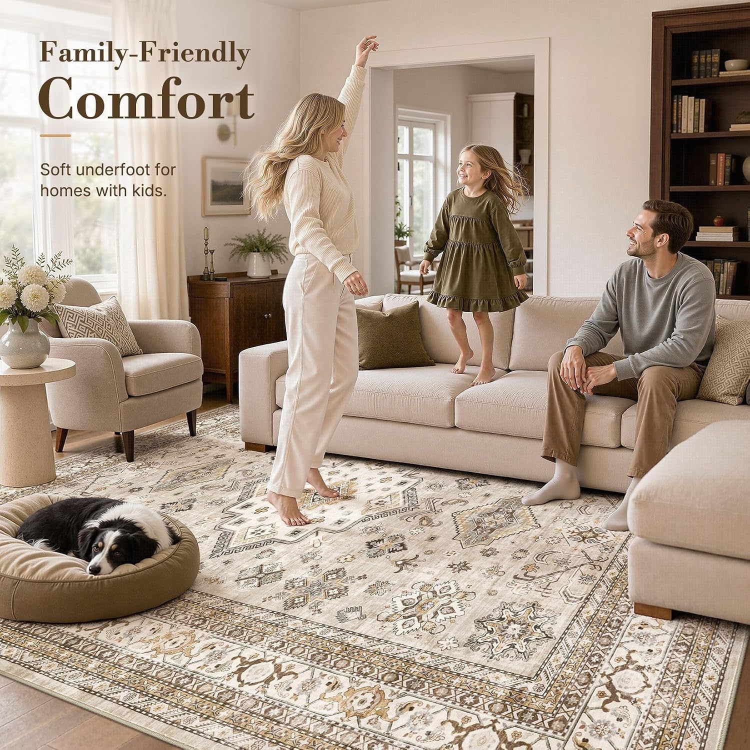 Detalle de Vintage Living Room Area Rug 7x10 – Large Soft Washable Oriental Traditional Distressed Farmhouse Rug in Beige