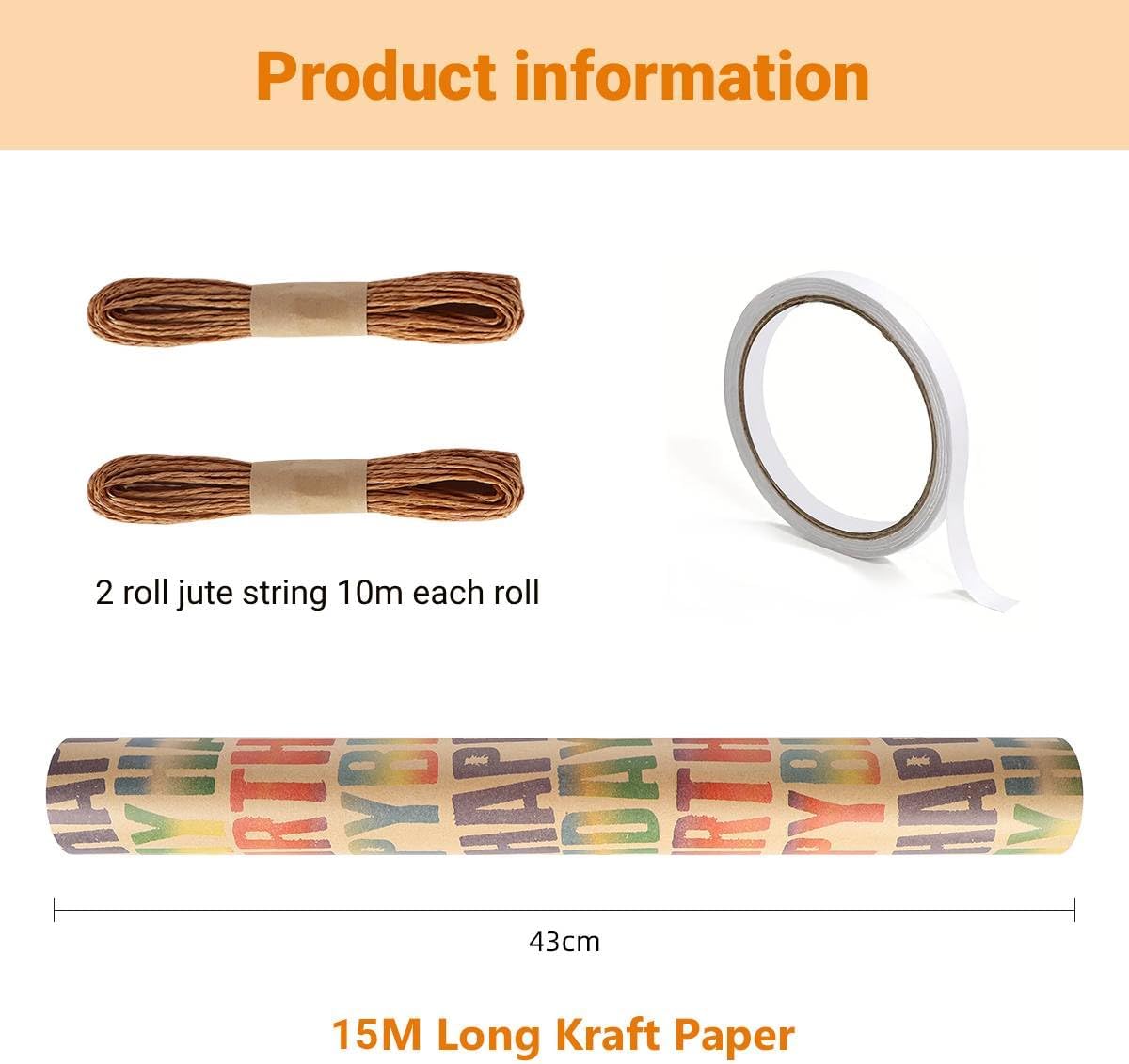 Thumbnail 1 de HBell Happy Birthday wrapping paper roll (15m) with kraft design, recyclable gift wrap