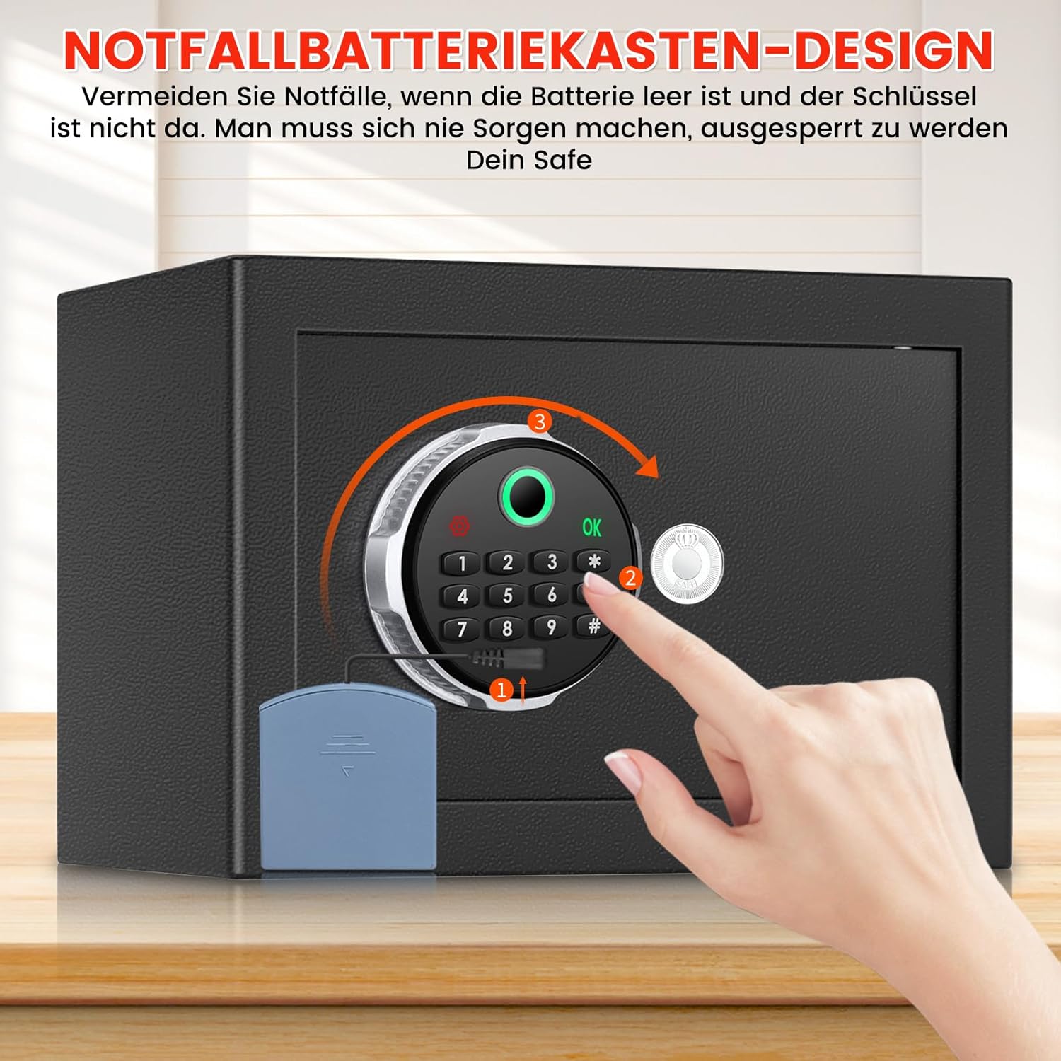 Detalle 2 de Tiskgg Biometrischer Tresor 18L mit Fingerabdruck – digitaler Möbeltresor mit LED, Alarm & wasserdichtem Schutz