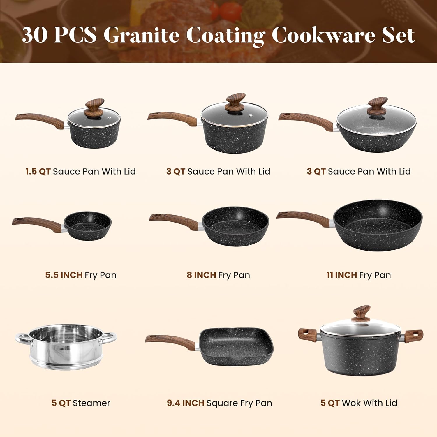 Thumbnail 6 de Kitchen Academy 30-Piece Black Granite Cookware Set