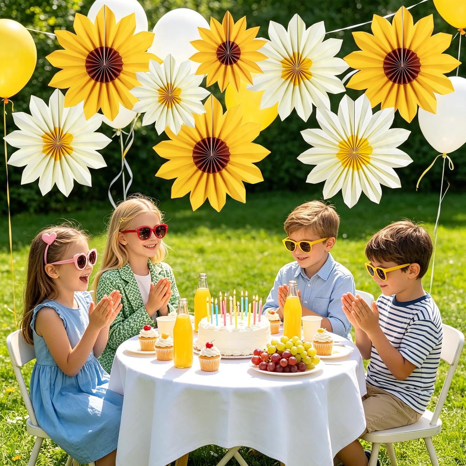 Detalle de SUNBEAUTY 9 Pcs Sunflower Yellow Paper Fans Hanging Decorations
