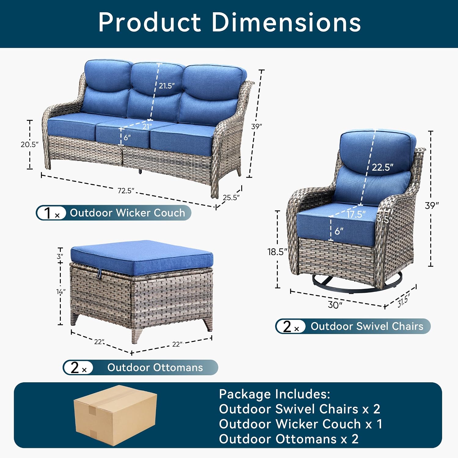 Detalle 2 de Jelwaly JELA-SWTBWFS-5-ZY-SF-JT-GYBL 5-Piece Wicker Patio Set