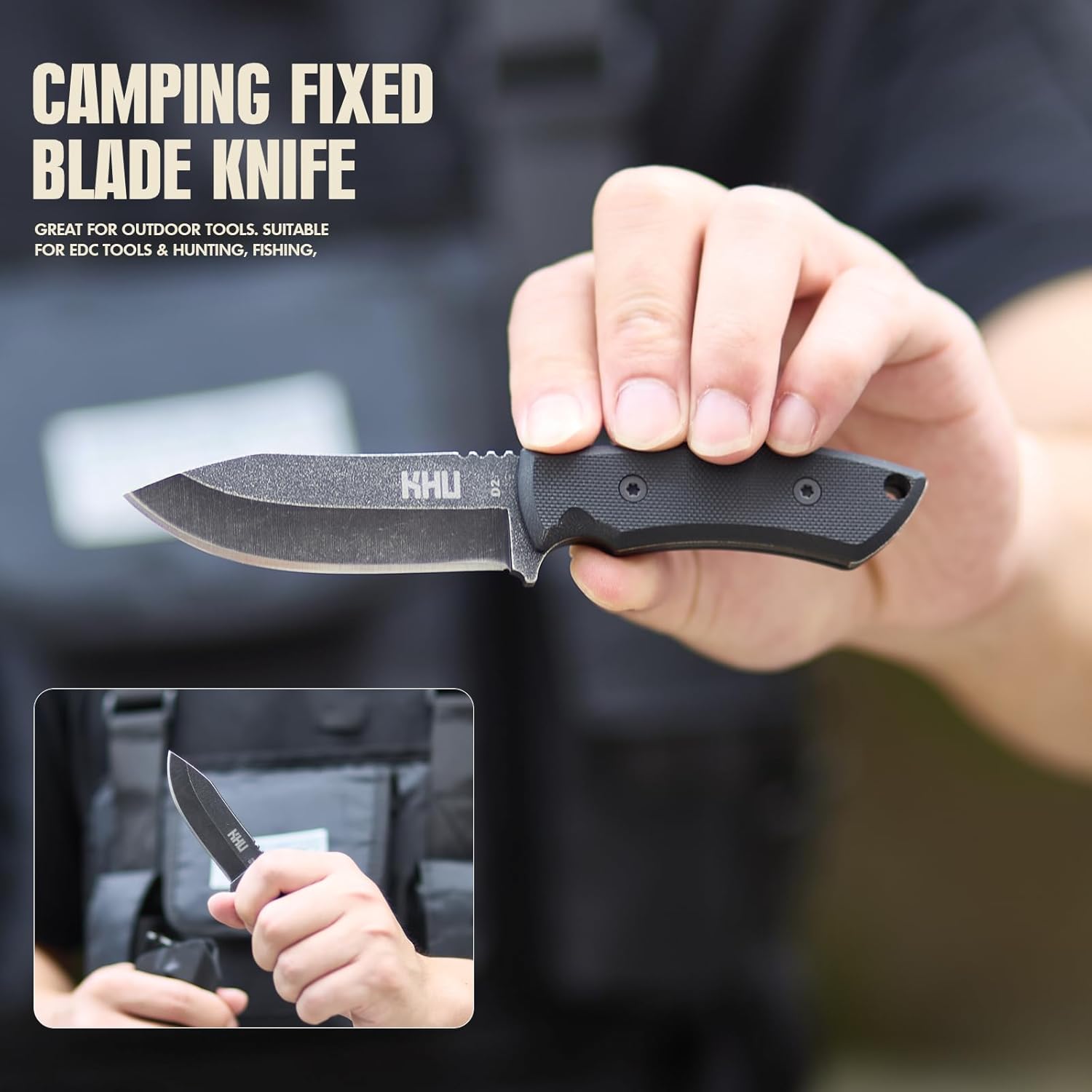 Thumbnail 2 de KHU Coltello a lama fissa EDC per outdoor | D2 steel, manico G10 e fodero Kydex con clip regolabile
