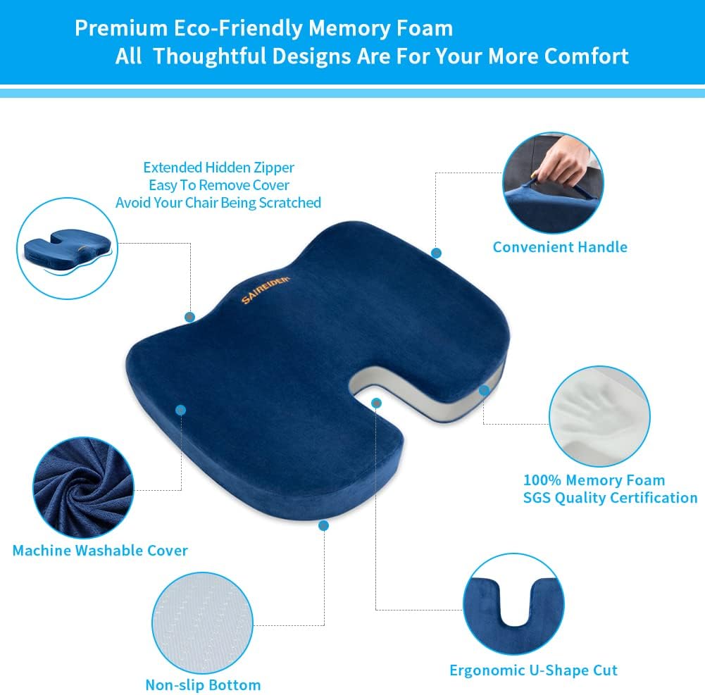 Detalle de SAIREIDER SC-N0402 SRD Seat Cushion, Navy Blue Memory Foam Coccyx Pad