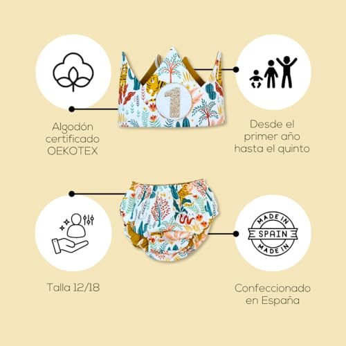 Detalle 2 de Conjunto Cumpleaños 1 año – Regalo bebé Surikatokids: Corona ajustable, Cubrepañal reversible y algodón orgánico