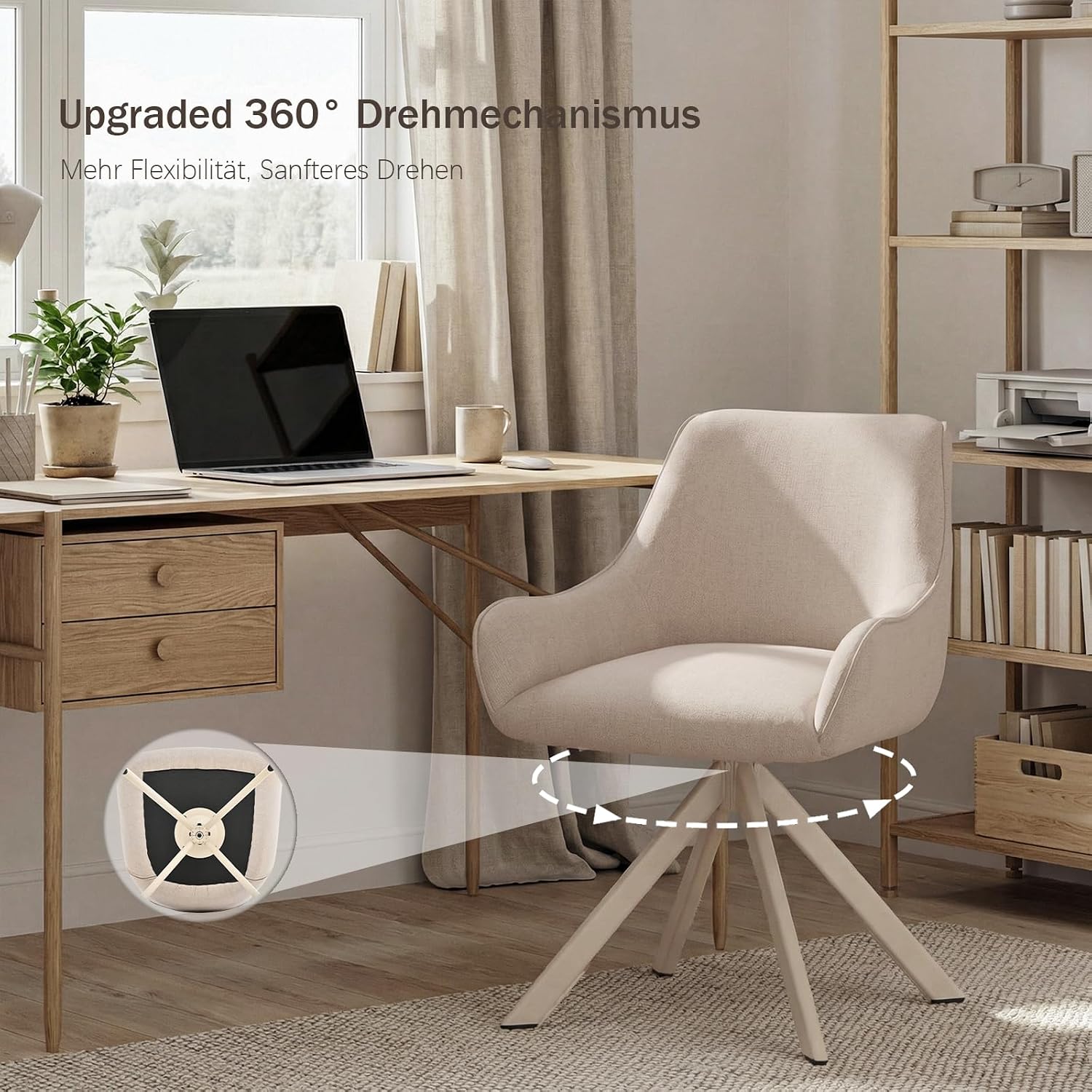 Thumbnail 3 de Goeurvant Esszimmerstühle Drehbar 6er-Set mit Armlehne – 360°-Drehstuhl aus Beige Leinen