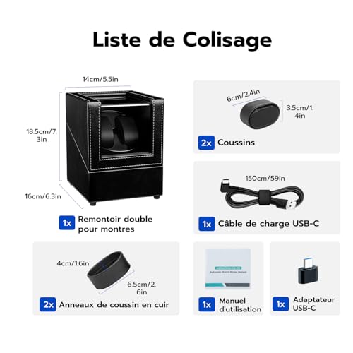 Thumbnail 9 de Mcbazel Double Remontoir de Montre – Boîte à Montre à Double Position en Cuir PU, USB et LED bleue, 5 Modes
