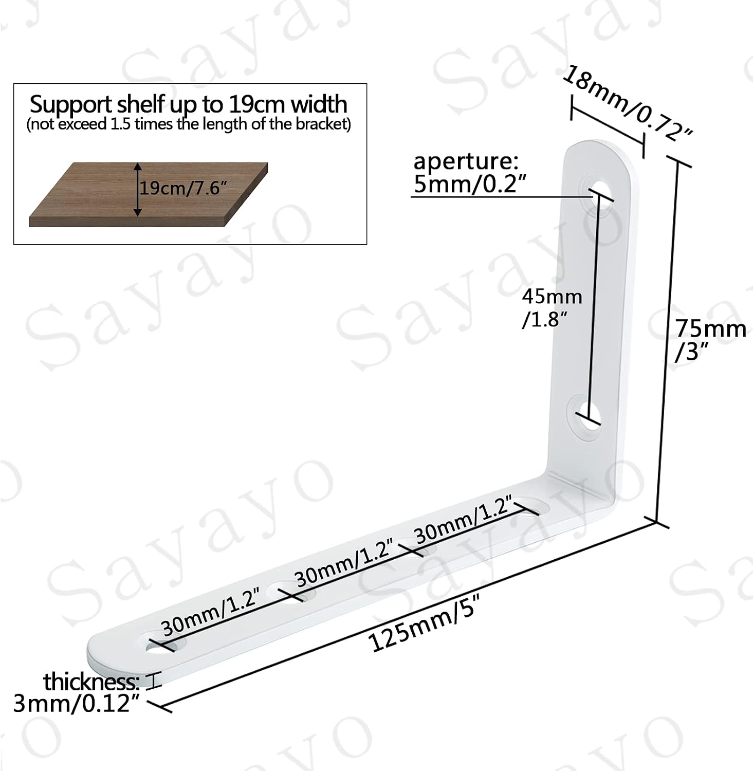 Detalle 2 de SAYAYO EJ5207W-4P stainless steel corner shelf brackets, 125mm x 75mm (4 pcs)