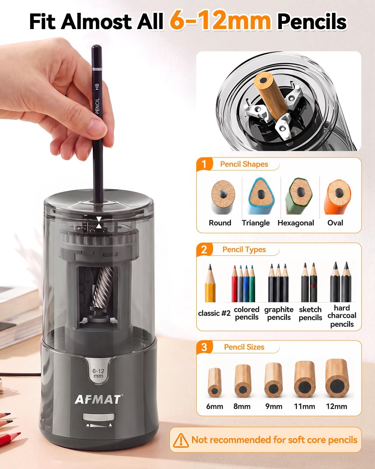 Thumbnail 1 de AFMAT PS91 Electric Pencil Sharpener for 6–12 mm Pencils, Auto Stop
