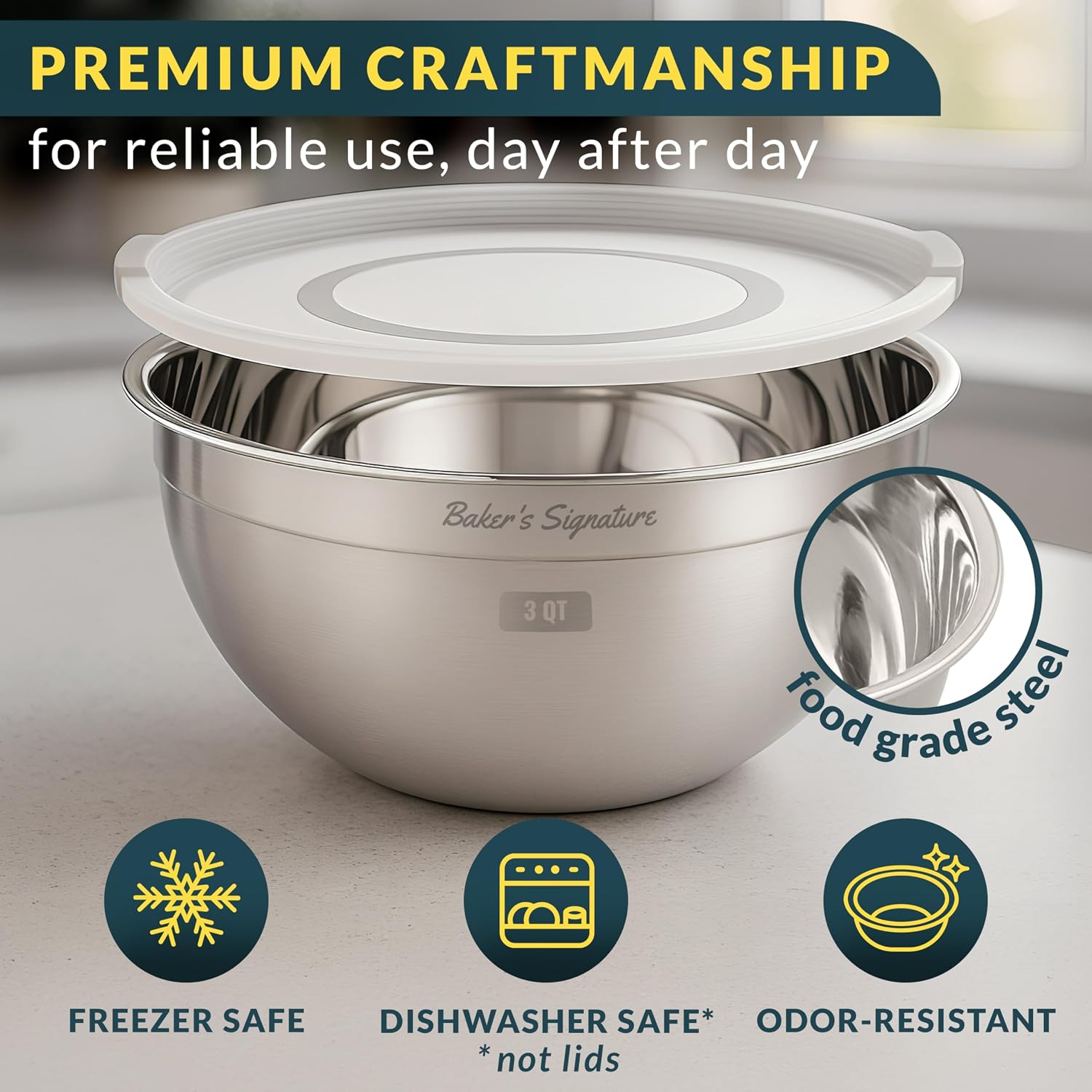 Detalle de Baker's Signature Stainless Steel Mixing Bowls with Lids — Nesting Set of 5 (0.5–5 Qt)