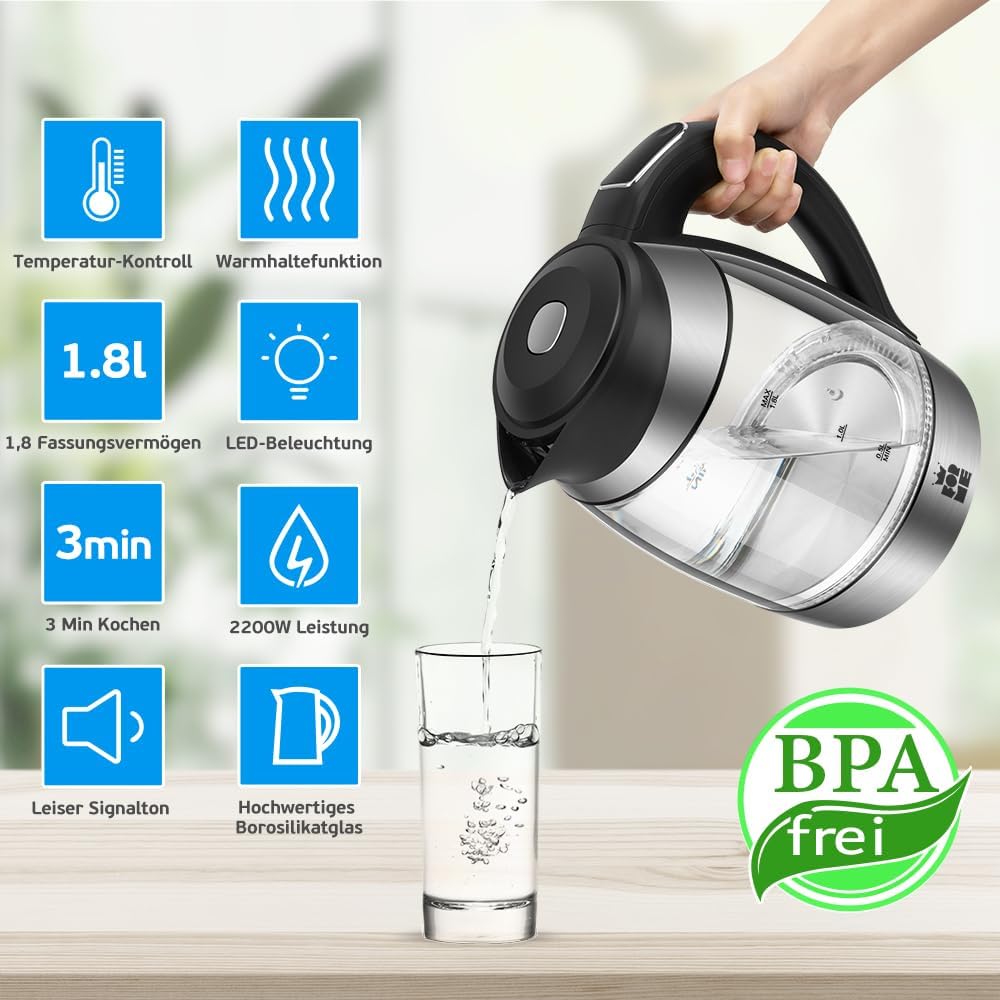 Thumbnail 3 de FOR ME Glas-Elektrischer Wasserkocher 1,8 l mit Temperaturwahl (40–100 °C) & Warmhaltefunktion