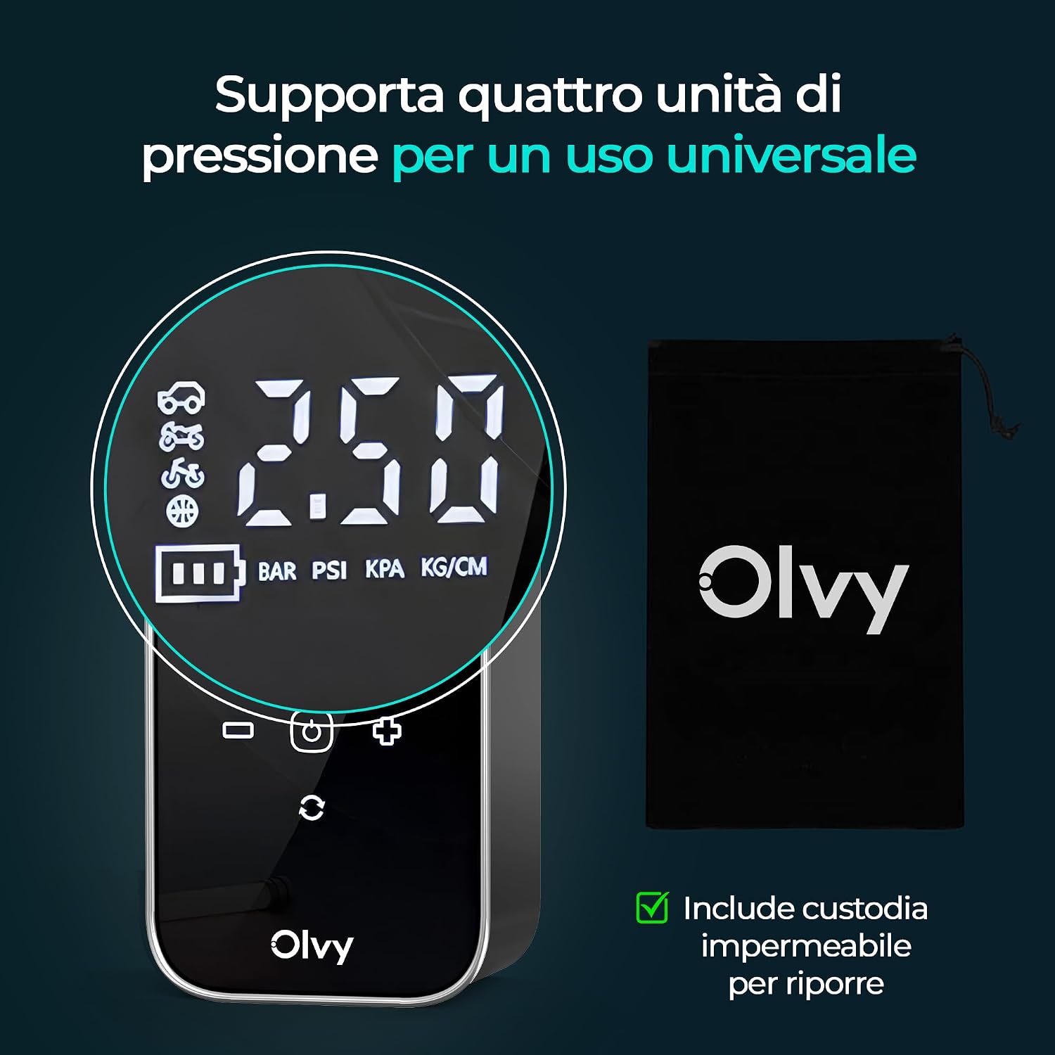 Thumbnail 2 de Olvy Compressore d'aria portatile 12V: gonfiaggio rapido e sicuro ovunque