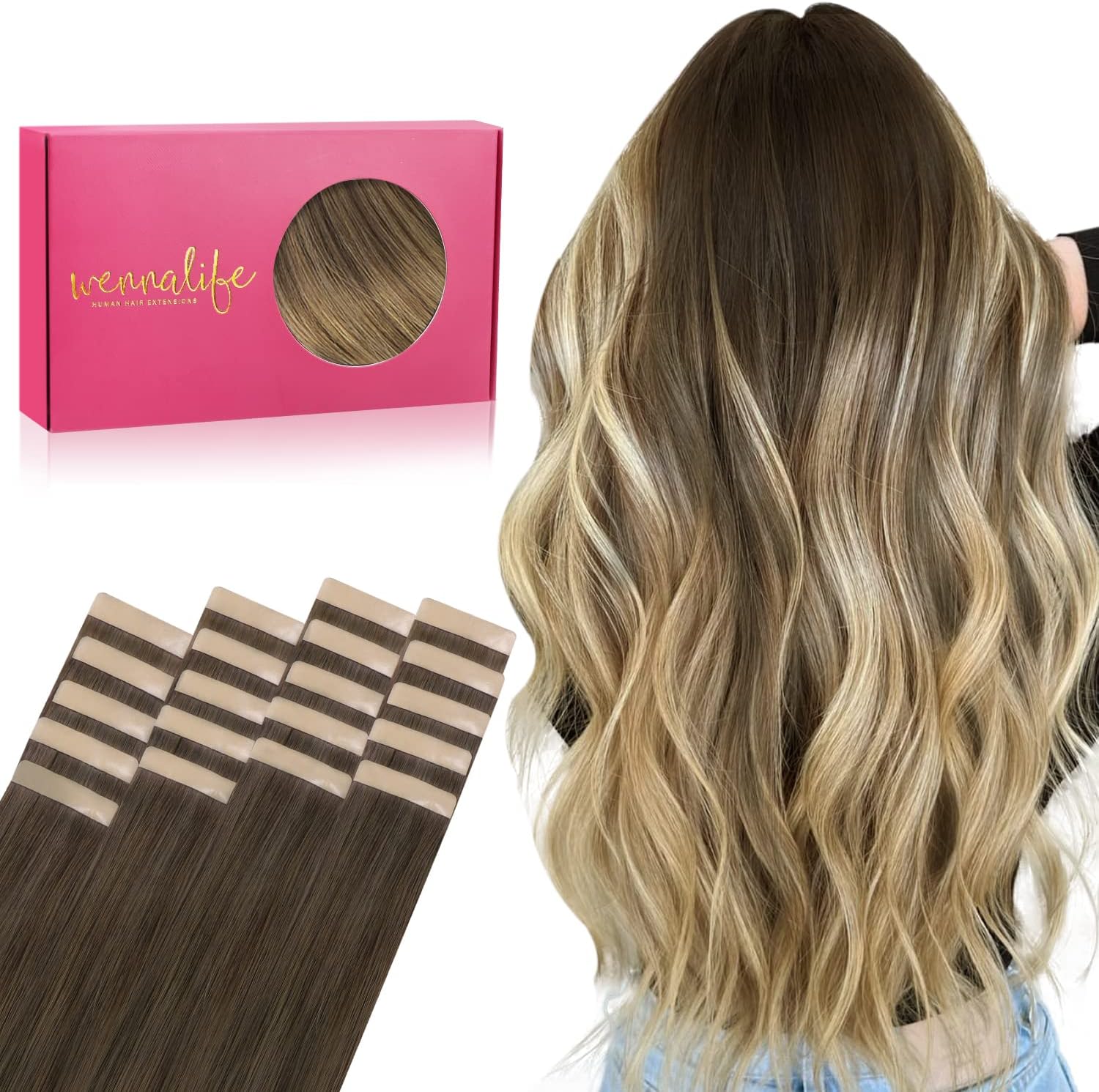Detalle de WENNALIFE Extension Capelli Veri Biadesivo – 20pz, 35 cm, colore Ombreggiatura Castano Noce/Cenere e Biondo Candido (Remy)