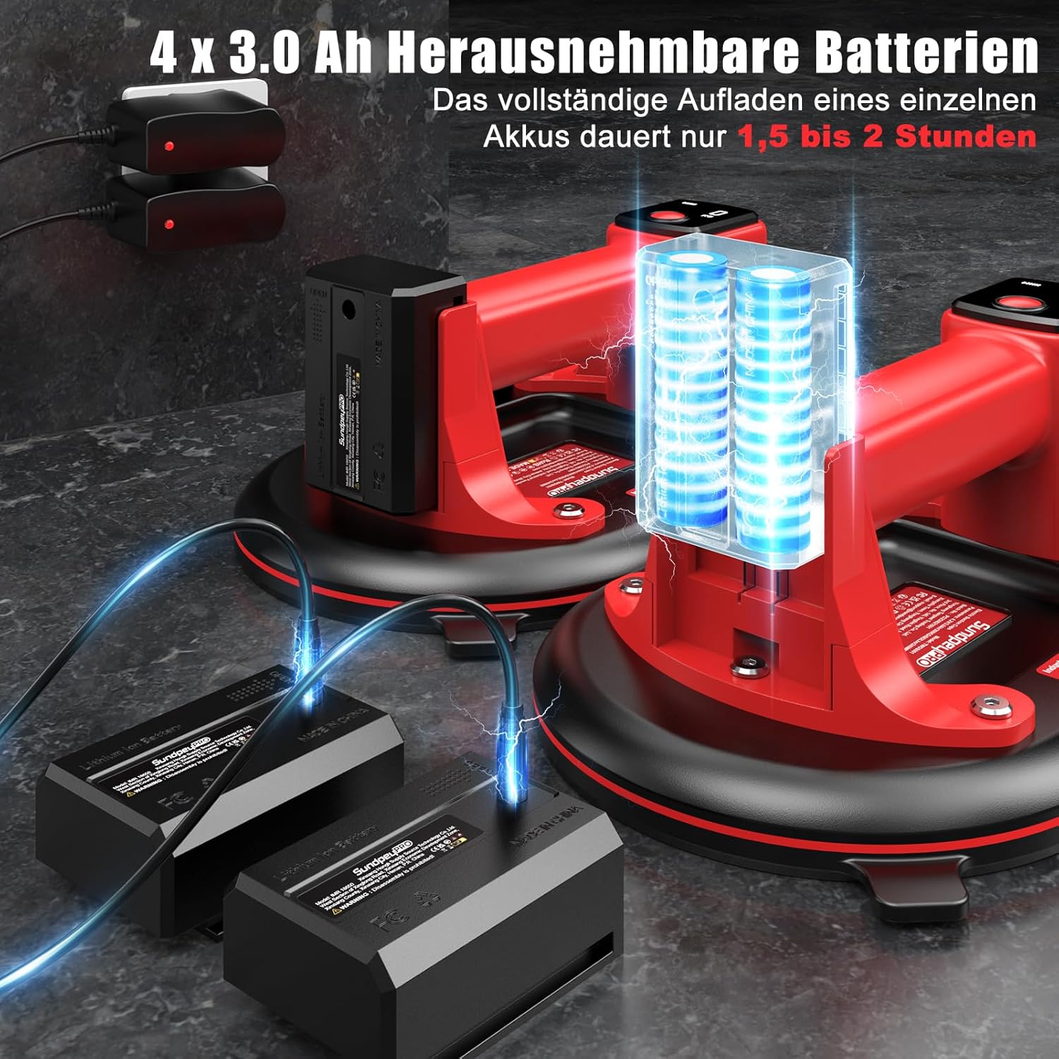 Thumbnail 2 de SundpeyPRO 2er-Set Akku Saugheber 10" – 300 kg Tragkraft, Glassauger mit 4× 3,0 Ah Akkus