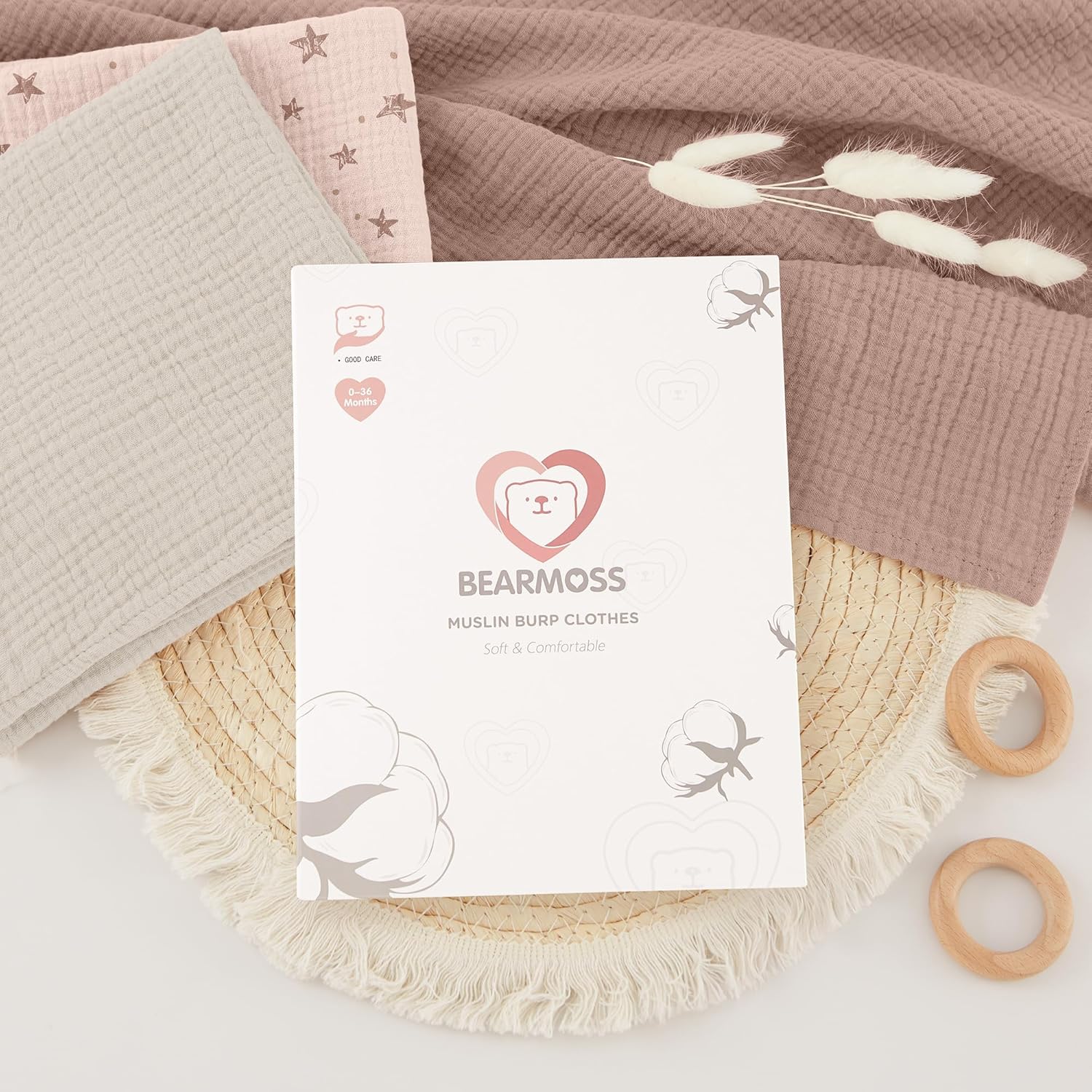 Detalle de bearmoss Muslin Squares Cloths 100% Cotton Baby Burp Cloths 60x60cm (4 Pack) — Soft, Ultra-Absorbent and Gentle for Newborns