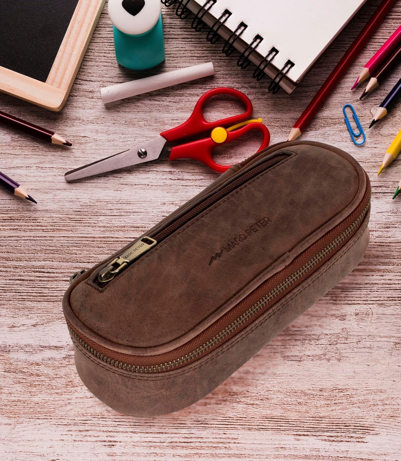 Thumbnail 4 de Marc Peter Vintage Leder Federmäppchen Etui mit YKK-Reißverschluss (Braun)