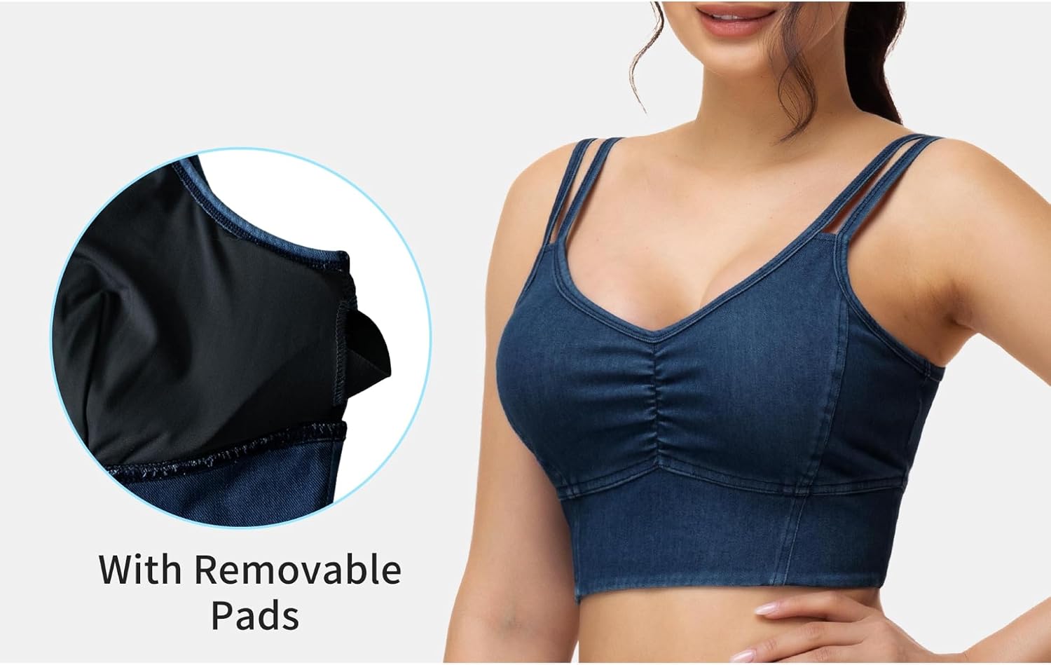Thumbnail 3 de THE GYM PEOPLE Women's Denim Crop Top with V-Neck, U-Back and Removable Pads