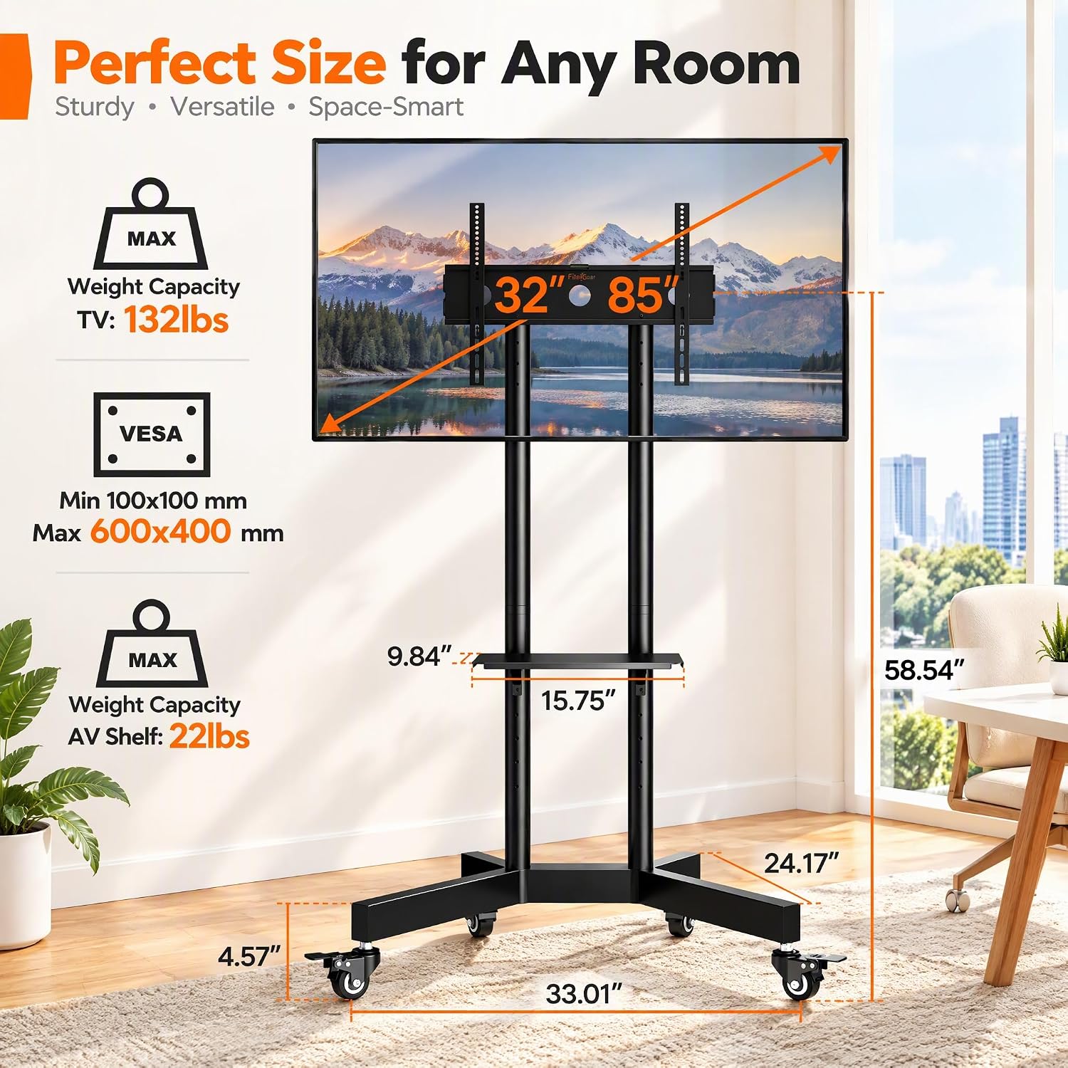 Thumbnail 3 de Perlegear PGTVMC01 Rolling TV Stand, 32–85 Inch, Height Adjustable