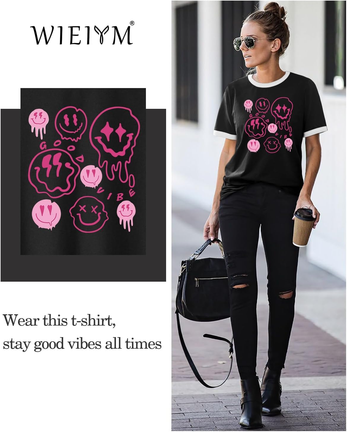 Thumbnail 2 de WIEIYM Women’s Funky Graphic T-Shirt with Smile Face Crew Neck
