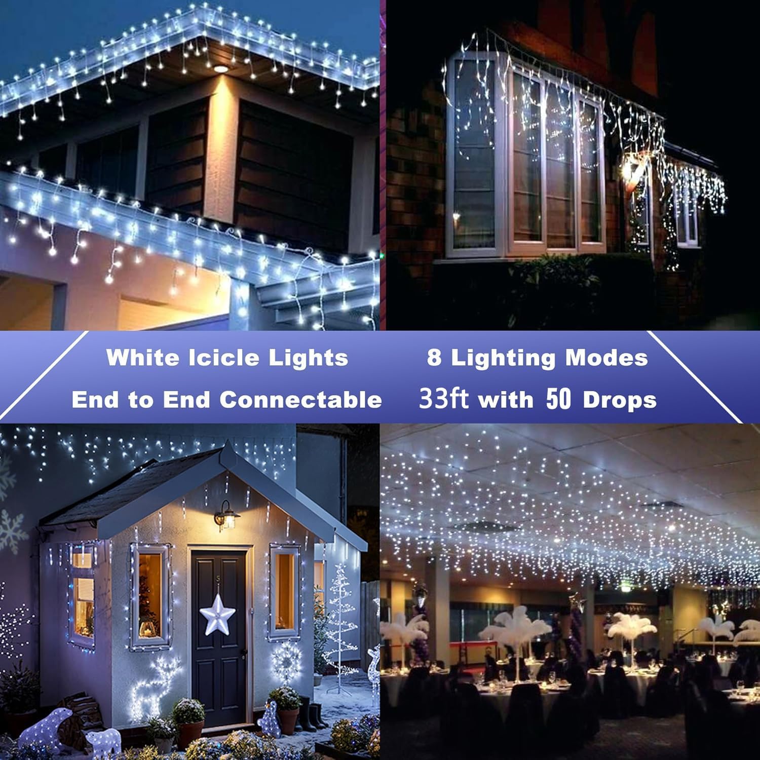 Detalle de Joomer SSL0200-I-24V 33 ft White LED Icicle Lights, 50 Drops, 8 Modes