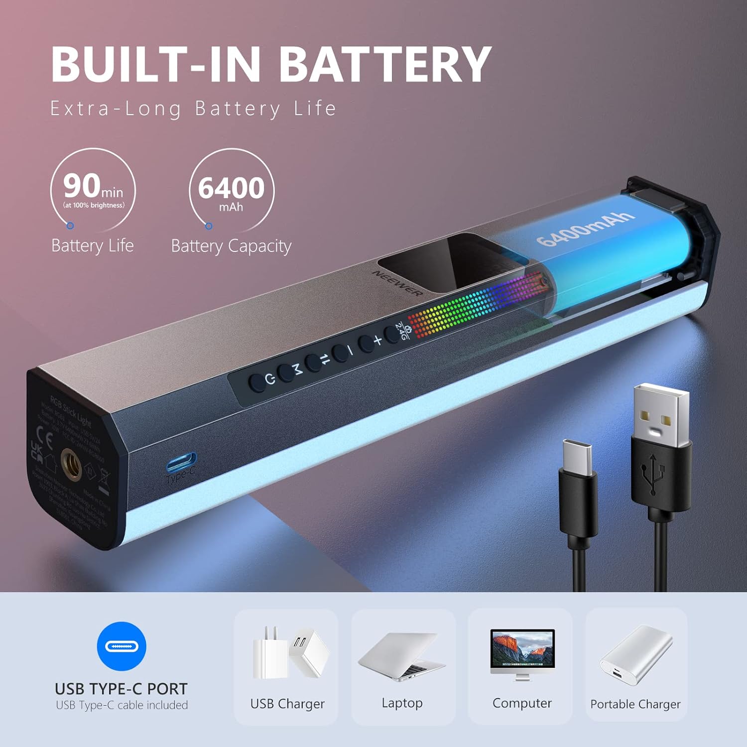 Thumbnail 6 de NEEWER RGB LED Video Light Stick (RGB1) with Touch Bar, APP Control and Magnetic Mount