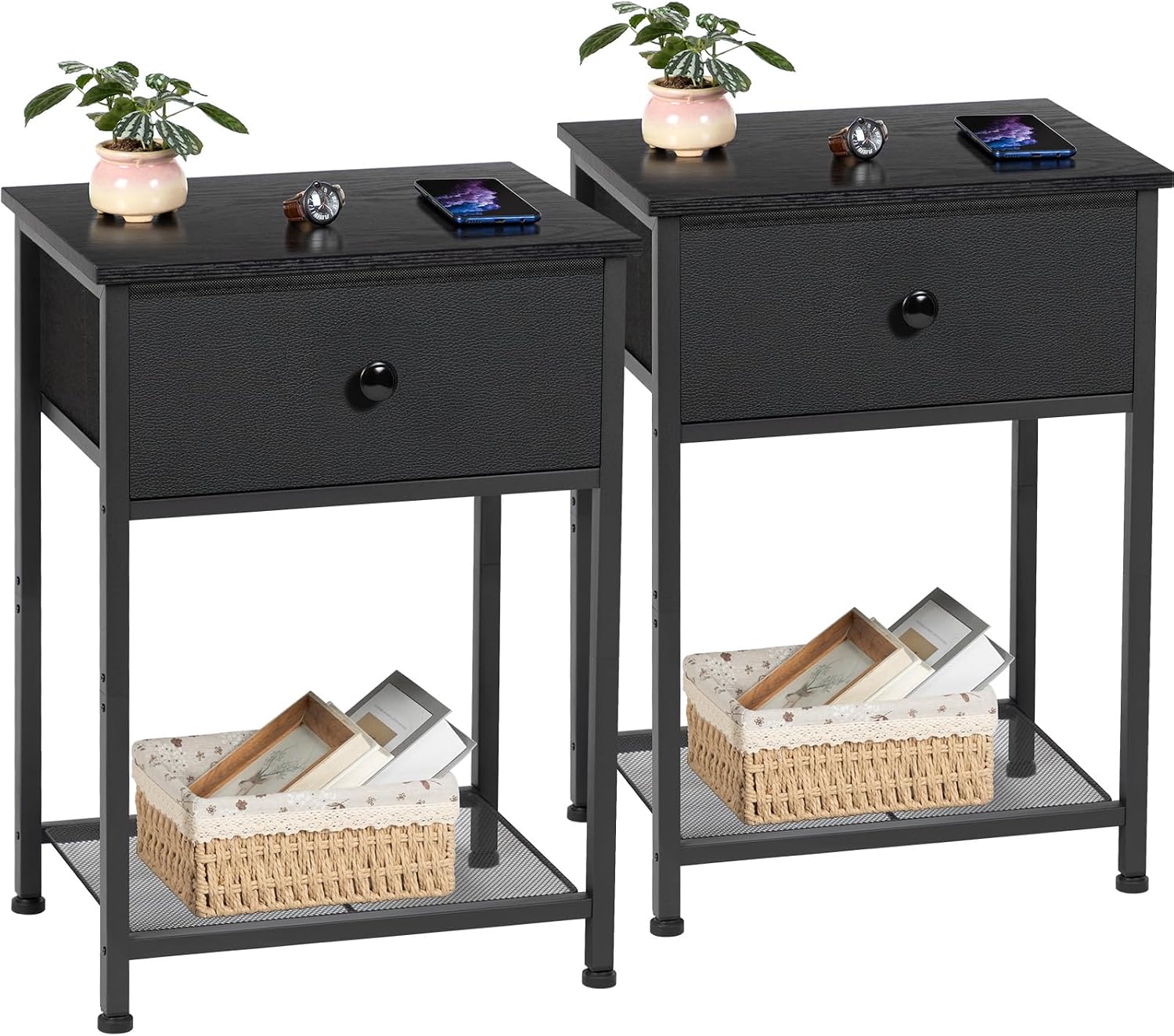 Detalle de AMHANCIBLE HET03SDBK nachtkastjes, set van 2 in zwart met stoffen lade