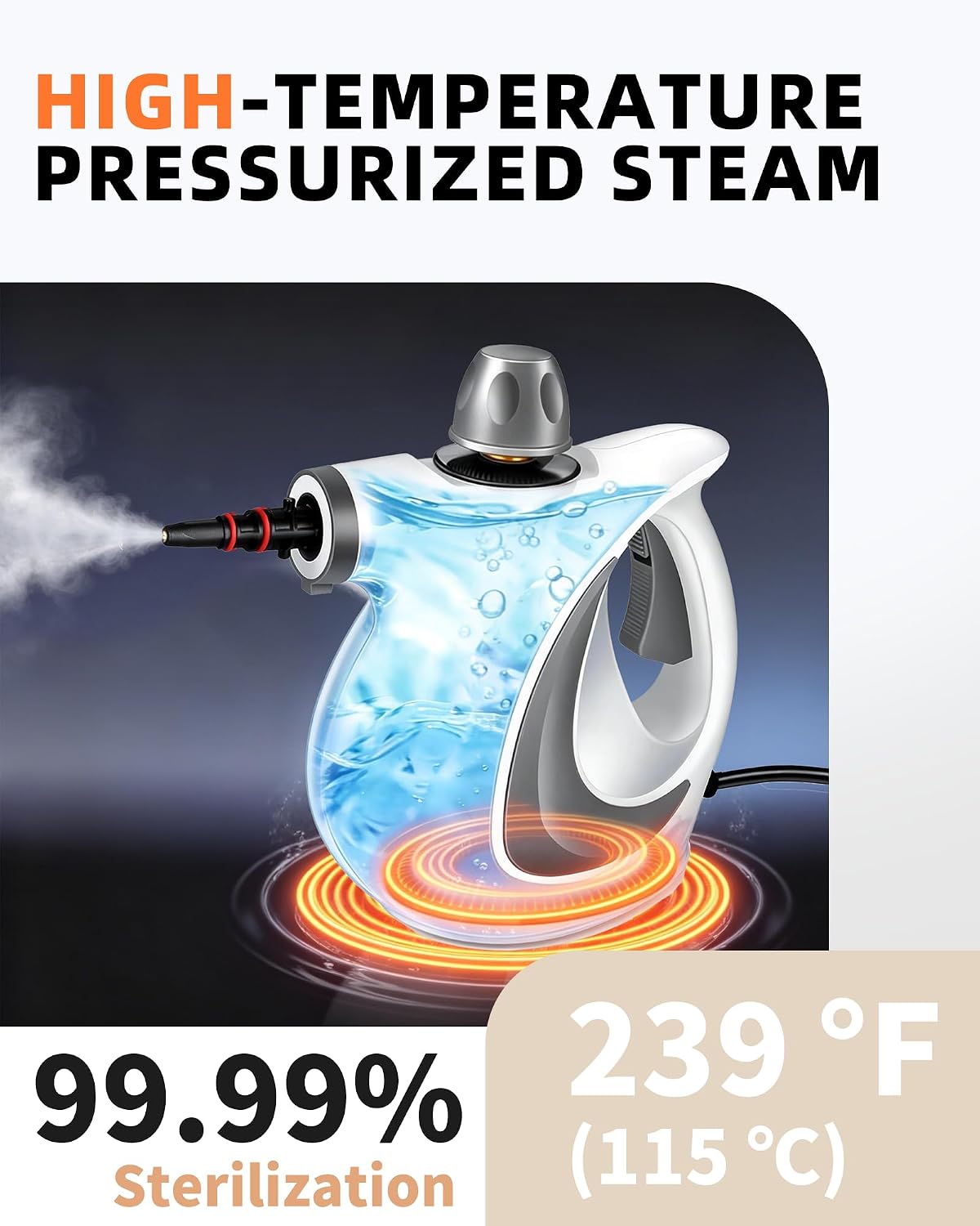 Thumbnail 4 de Pressurized Handheld Steam Cleaner with 12-Piece Kit and Safety Lock – Multi-Surface Deep Clean for Home (Dark Grey)