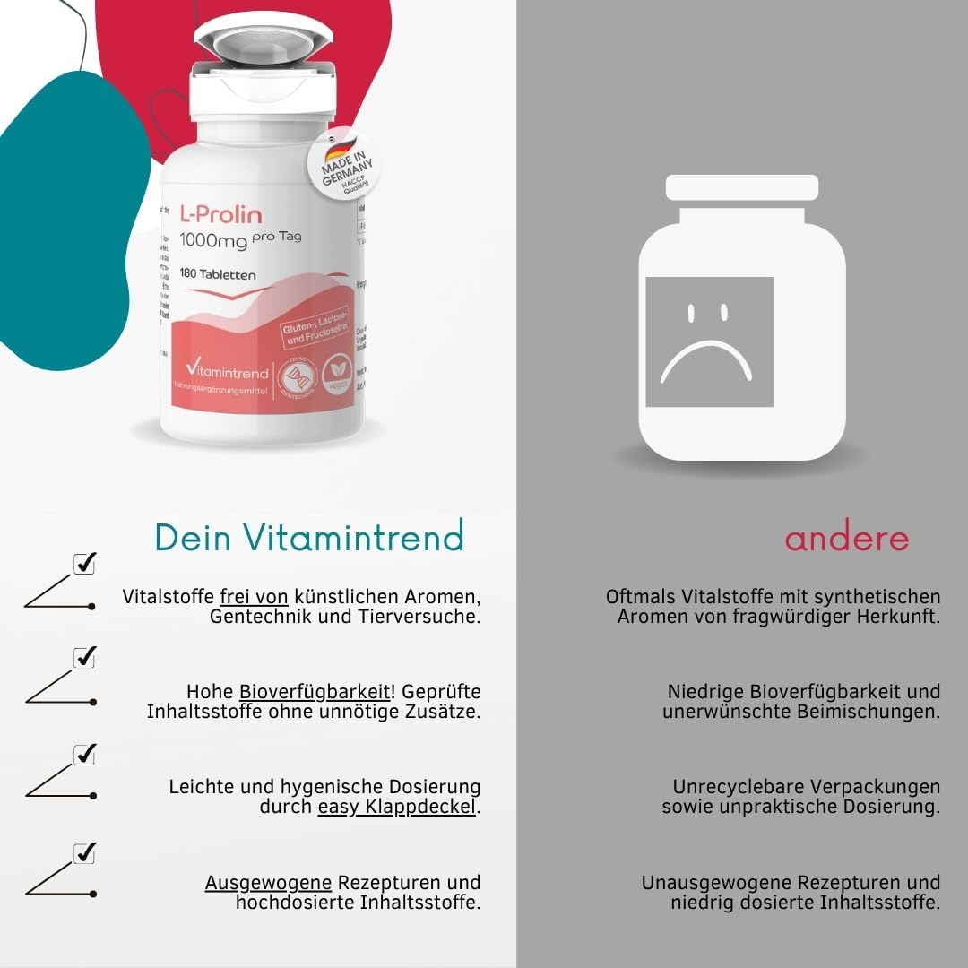 Thumbnail 2 de Vitamintrend L-Prolin 1000 mg pro Tagesdosis – hochdosiert, vegan, in Deutschland hergestellt