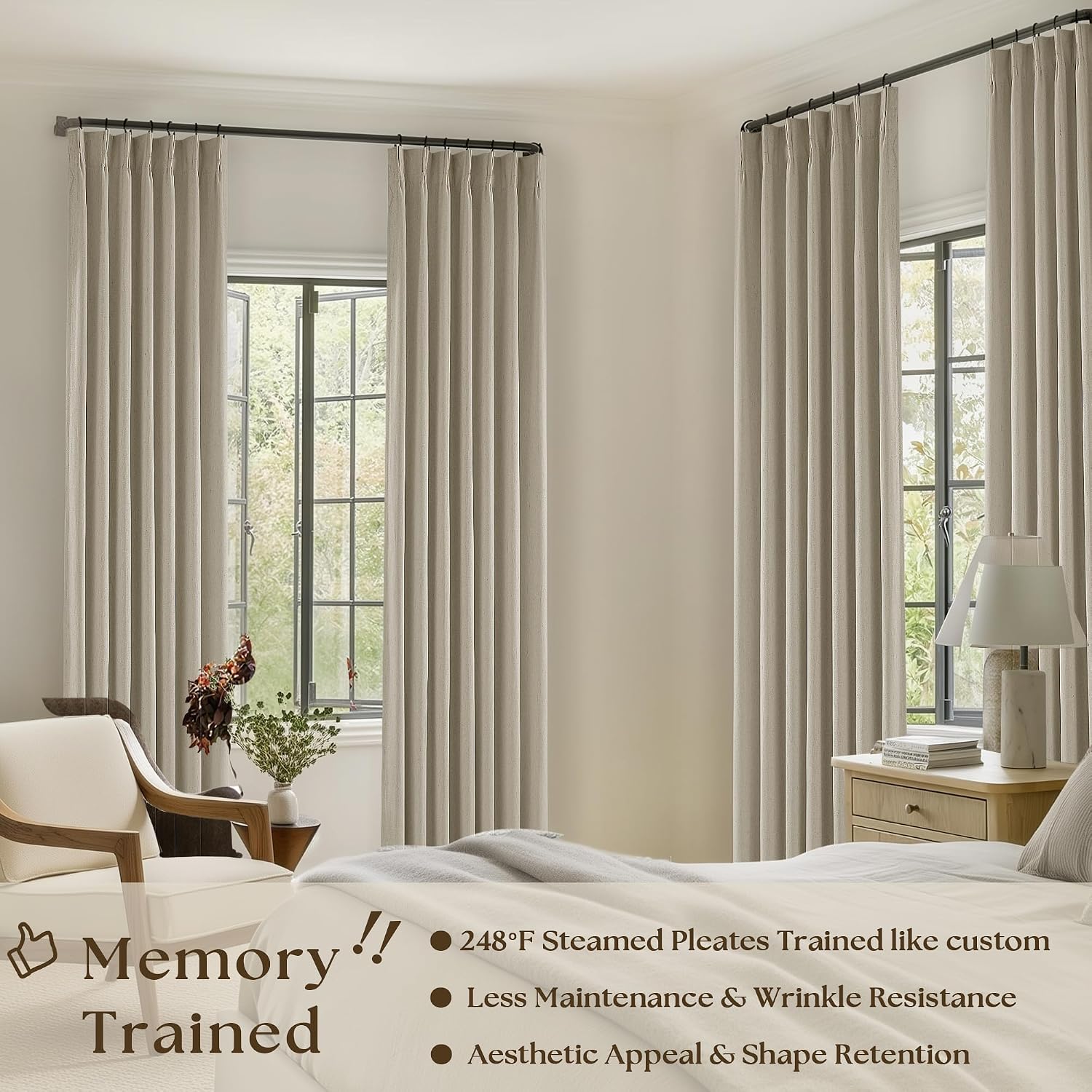 Detalle 2 de Greyish Beige Pinch Pleated Linen Blackout Curtains 96